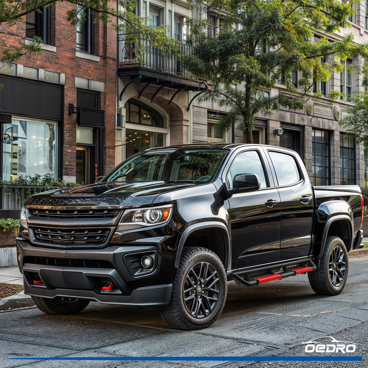 Side view of OEDRO Running Boards for 2015-2026 Chevy Colorado/GMC Canyon Crew Cab, w/ Paintable Plates Truck Side Steps