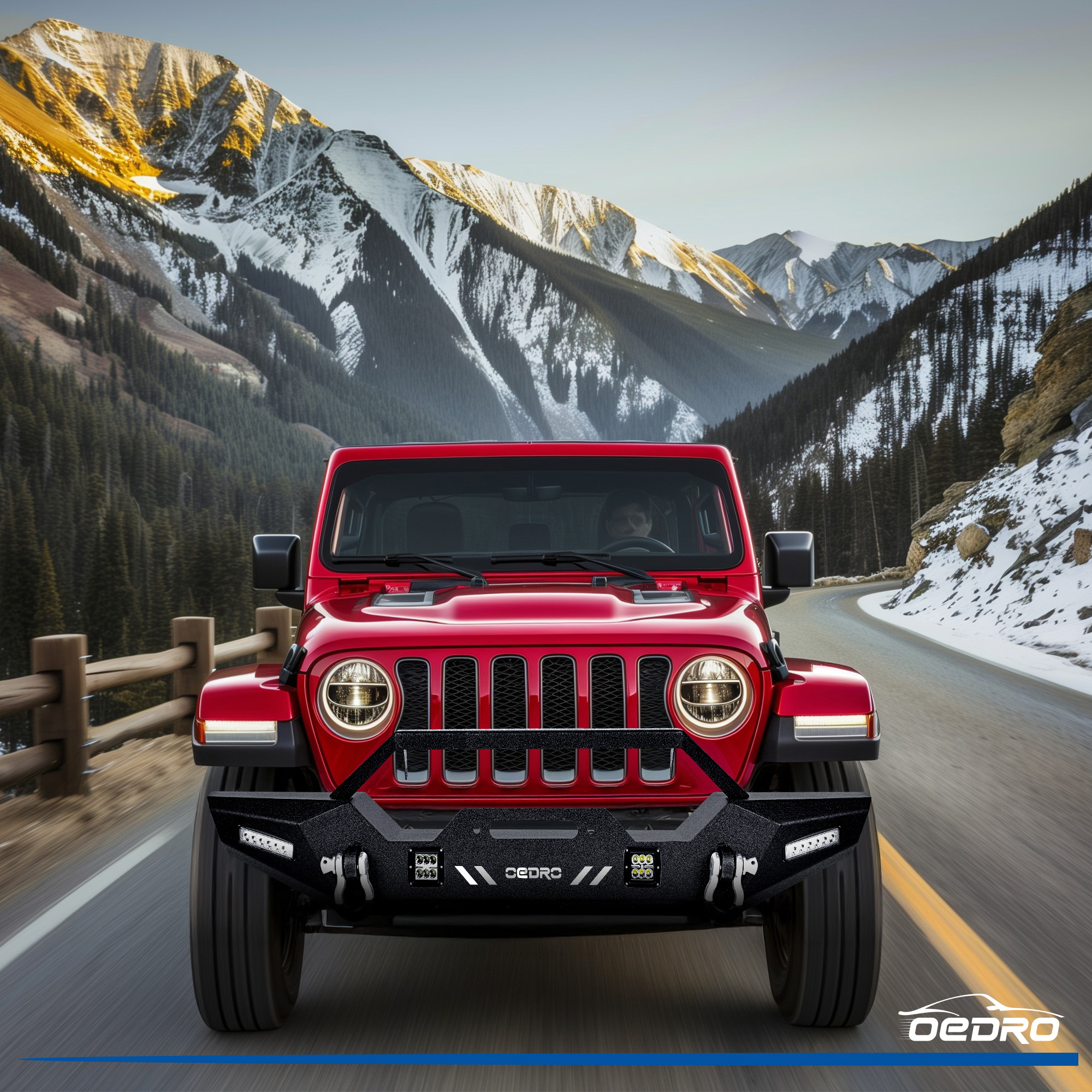 Side view of OEDRO Front Bumper for 2018-2025 Jeep Wrangler JL & Unlimited, 2020-2025 Jeep Gladiator with 4 x LED Lights & 2 x D-Rings