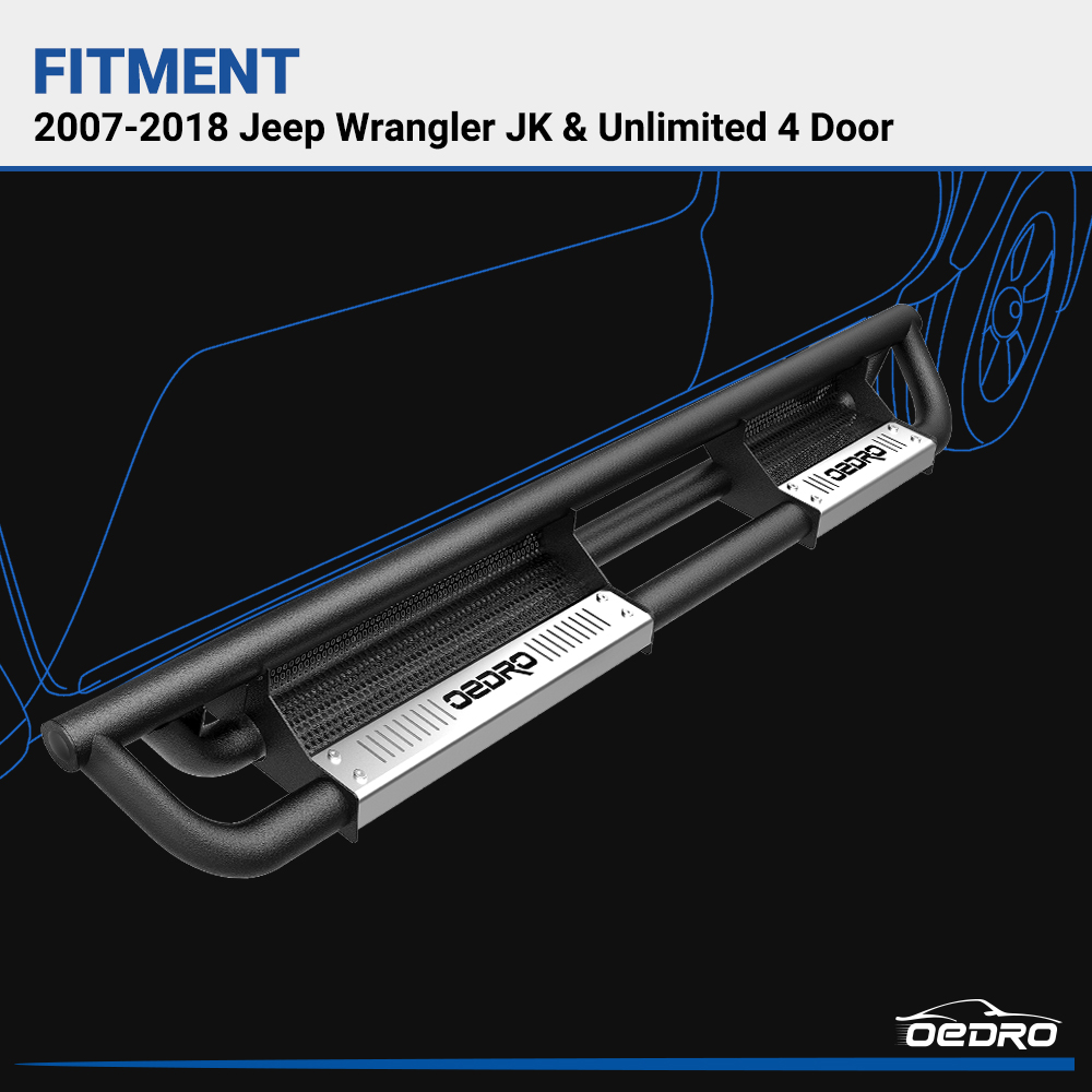 Side view of OEDRO 6" Running Boards for 2007-2018 Jeep Wrangler JK & Unlimited 4 Door, Black Silver Powder Coated Nerf Bar
