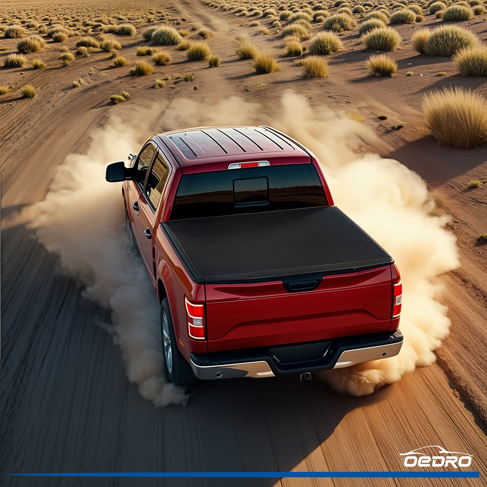 Side view of OEDRO 5.5FT Soft Quad-Fold Tonneau Cover | Weatherproof Truck Bed Cover | Fits 2015-2026  Ford F-150 5.5FT Truck Bed