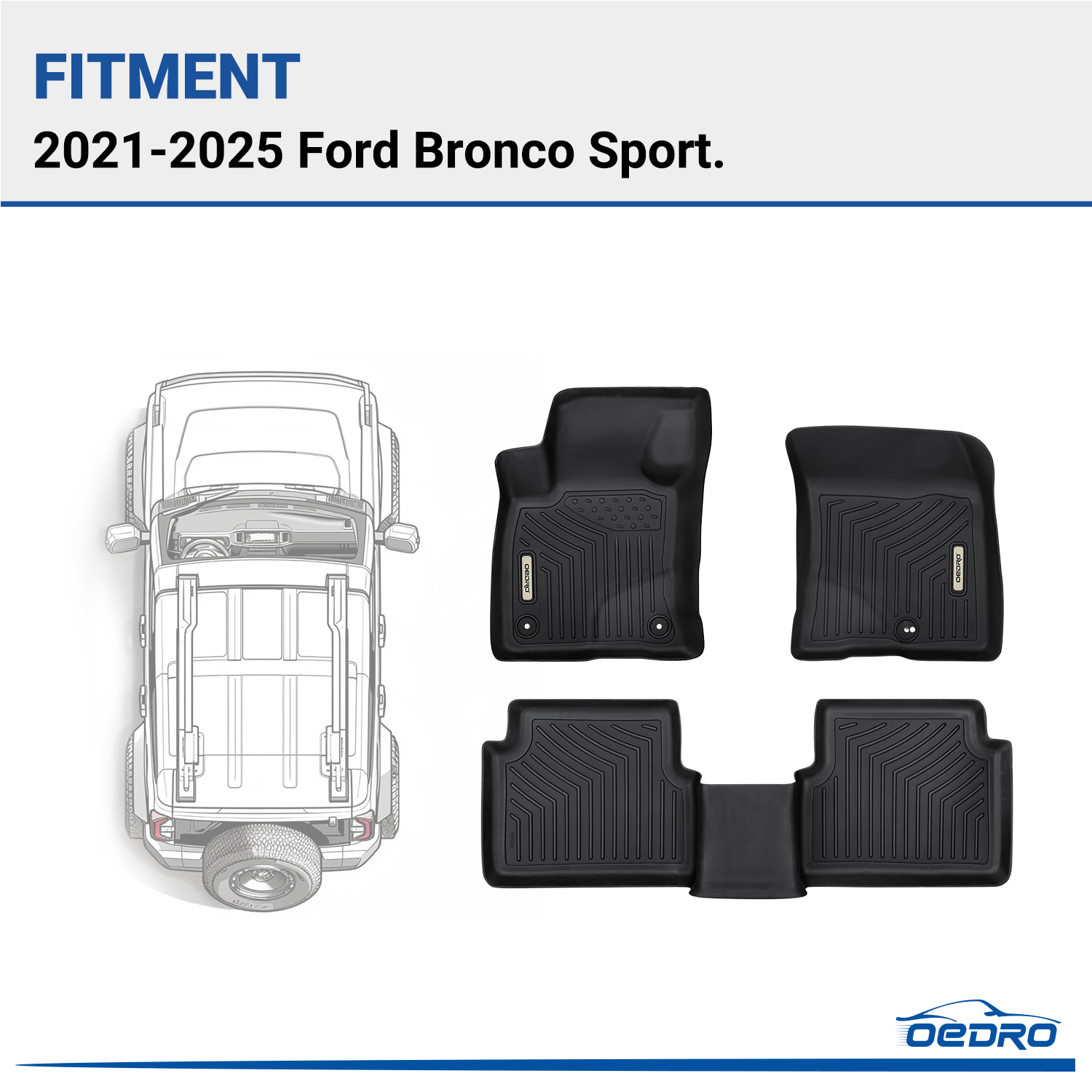 Side view of Floor Mats for 2021-2025 Ford Bronco Sport | TPE All-Weather Car Mats Includes 1st and 2nd Row: Front, Rear, Full Set Liners