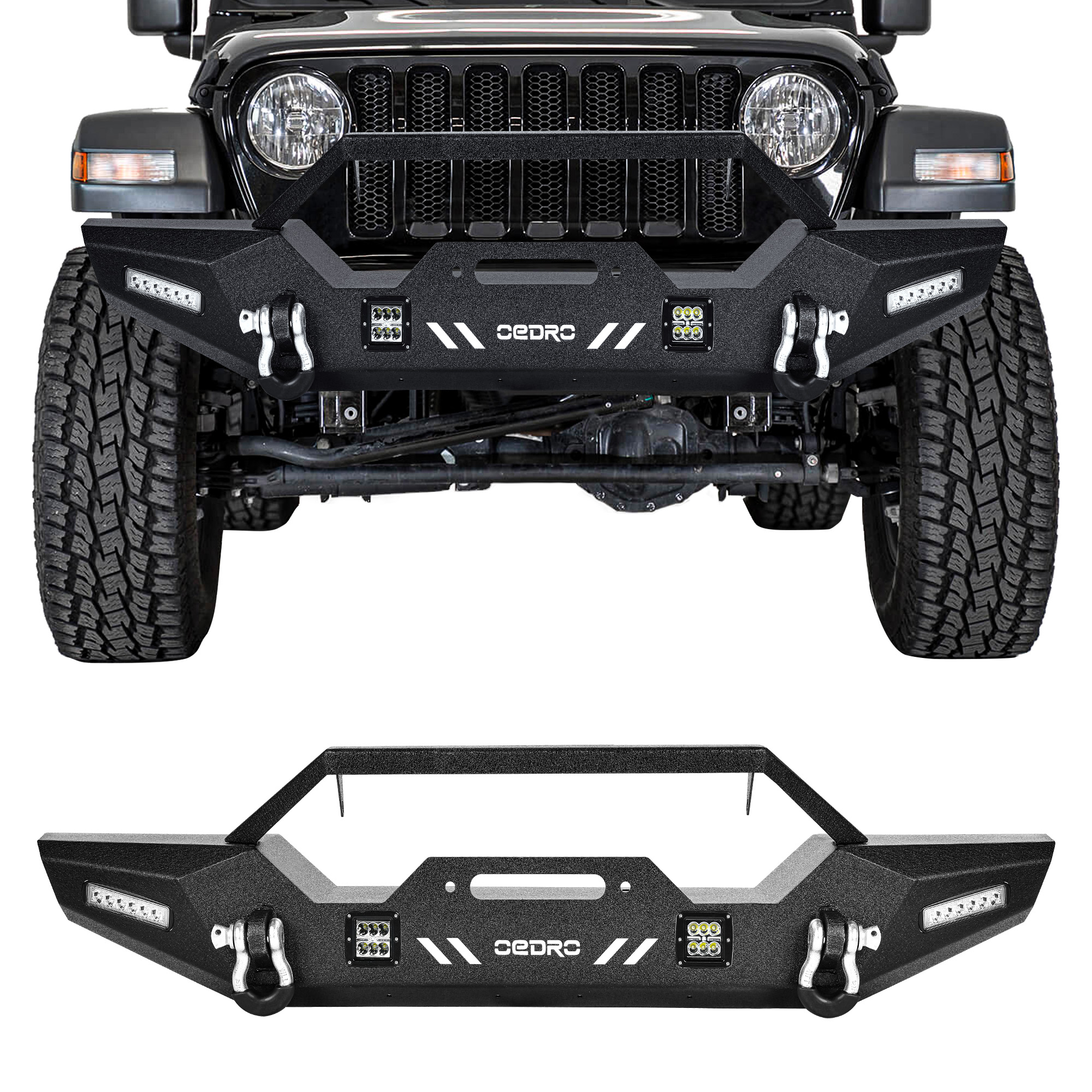 Side view of OEDRO Front Bumper for 2018-2025 Jeep Wrangler JL & Unlimited, 2020-2025 Jeep Gladiator with 4 x LED Lights & 2 x D-Rings