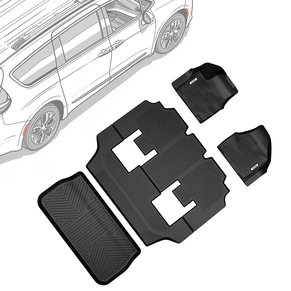 Side view of Floor Mats & Cargo Mat Fit for Chrysler Pacifica 2017-2026 (No Hybrid Models), Fit 7 and 8 Passenger Model, 3D All-Weather TPE Floor Liners