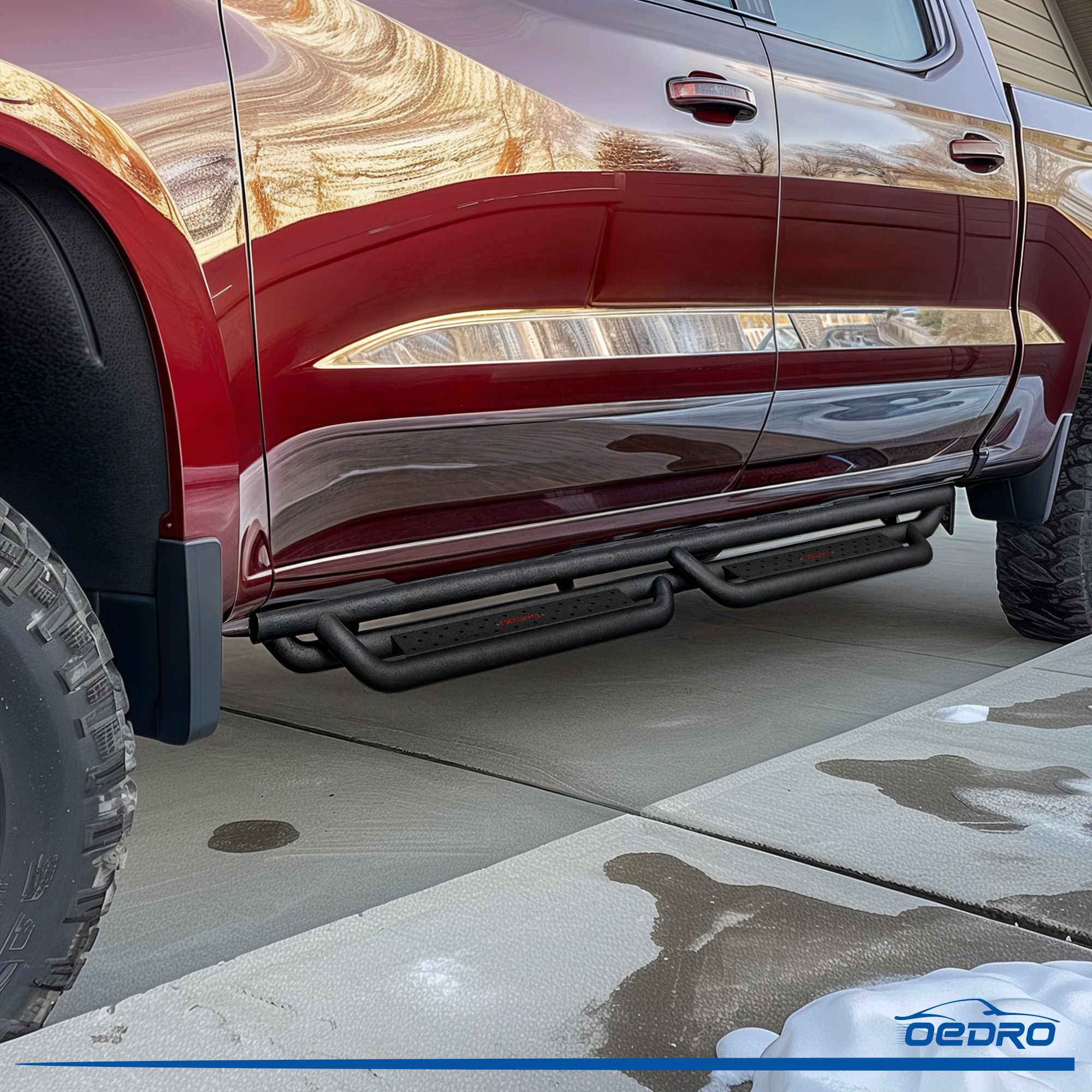 Side view of OEDRO 6'' Running Boards for 2019-2026 Chevy Silverado/GMC Sierra 1500, 2020-2026 Chevy Silverado/GMC 2500HD 3500HDCrew Cab(Excl. 2019 1500LD/Limited)