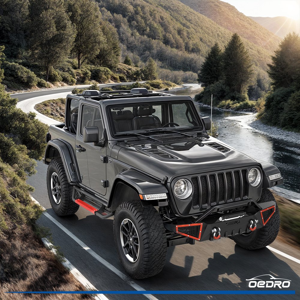 Side view of OEDRO 6 inch Running Boards, Drop Side Steps Compatible with 2018-2026 Jeep Wrangler JL 2 Door, All Steel Nerf Bar Paintable Step Plates