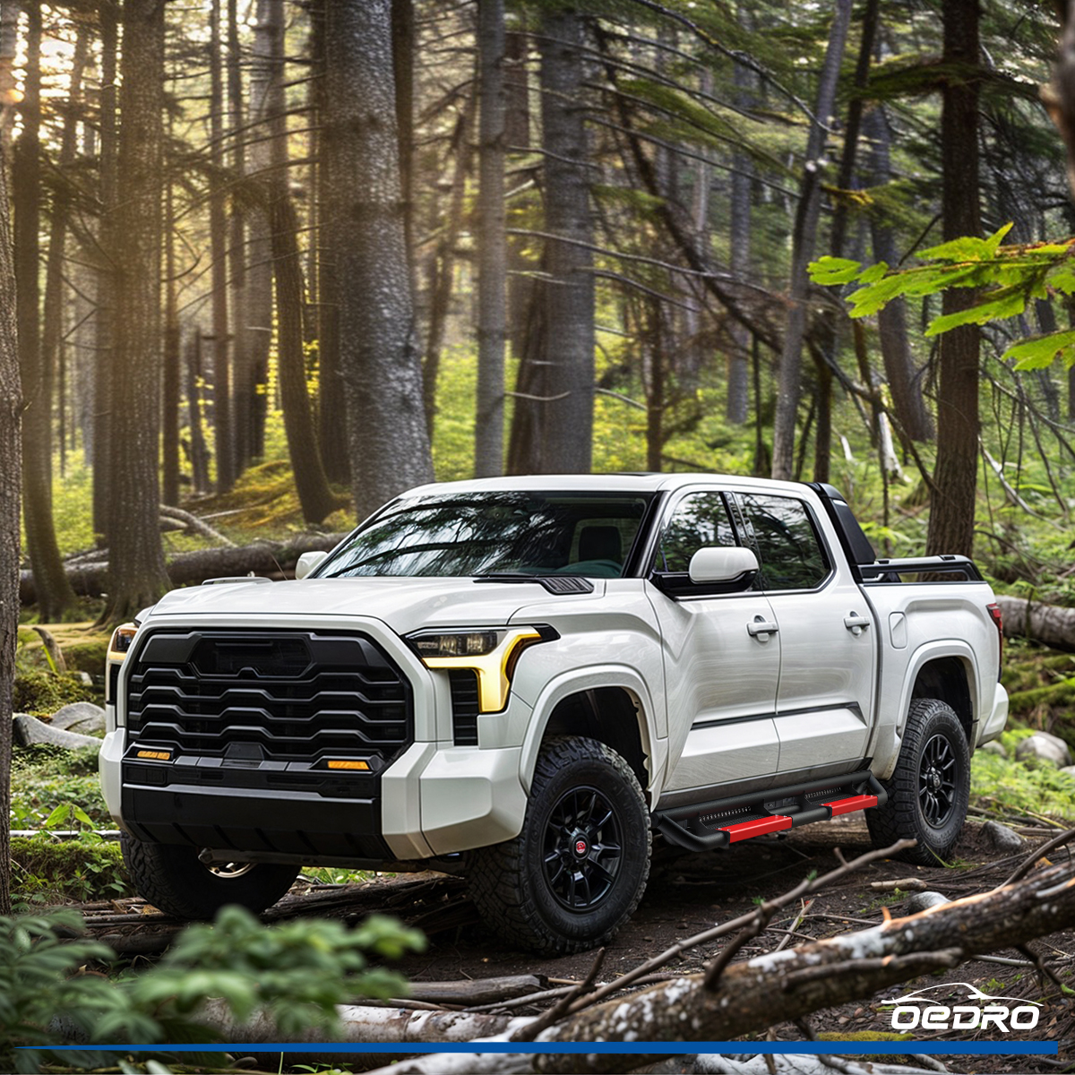 Side view of OEDRO Running Boards for 2022-2026 Toyota Tundra CrewMAX Cab, Powder Coated Black and High Gloss Red Bolt-on Side Steps