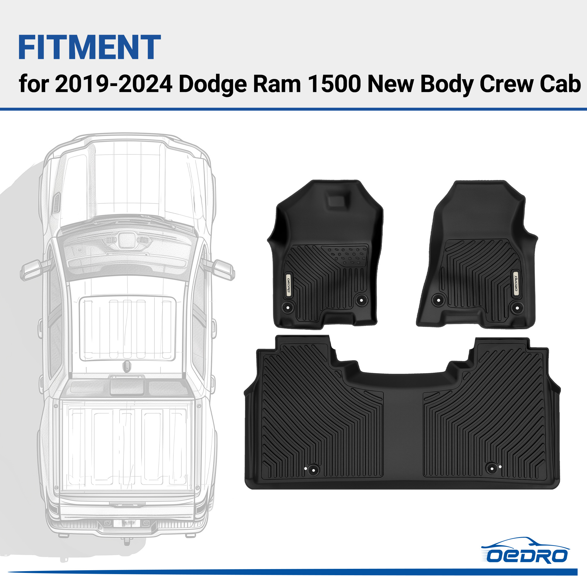 Side view of OEDRO Floor Mats for 2019-2024 Dodge Ram 1500 New Body Crew Cab (NOT for Classic Models), Front Row Bucket Seats, with Under Seat Storage Box