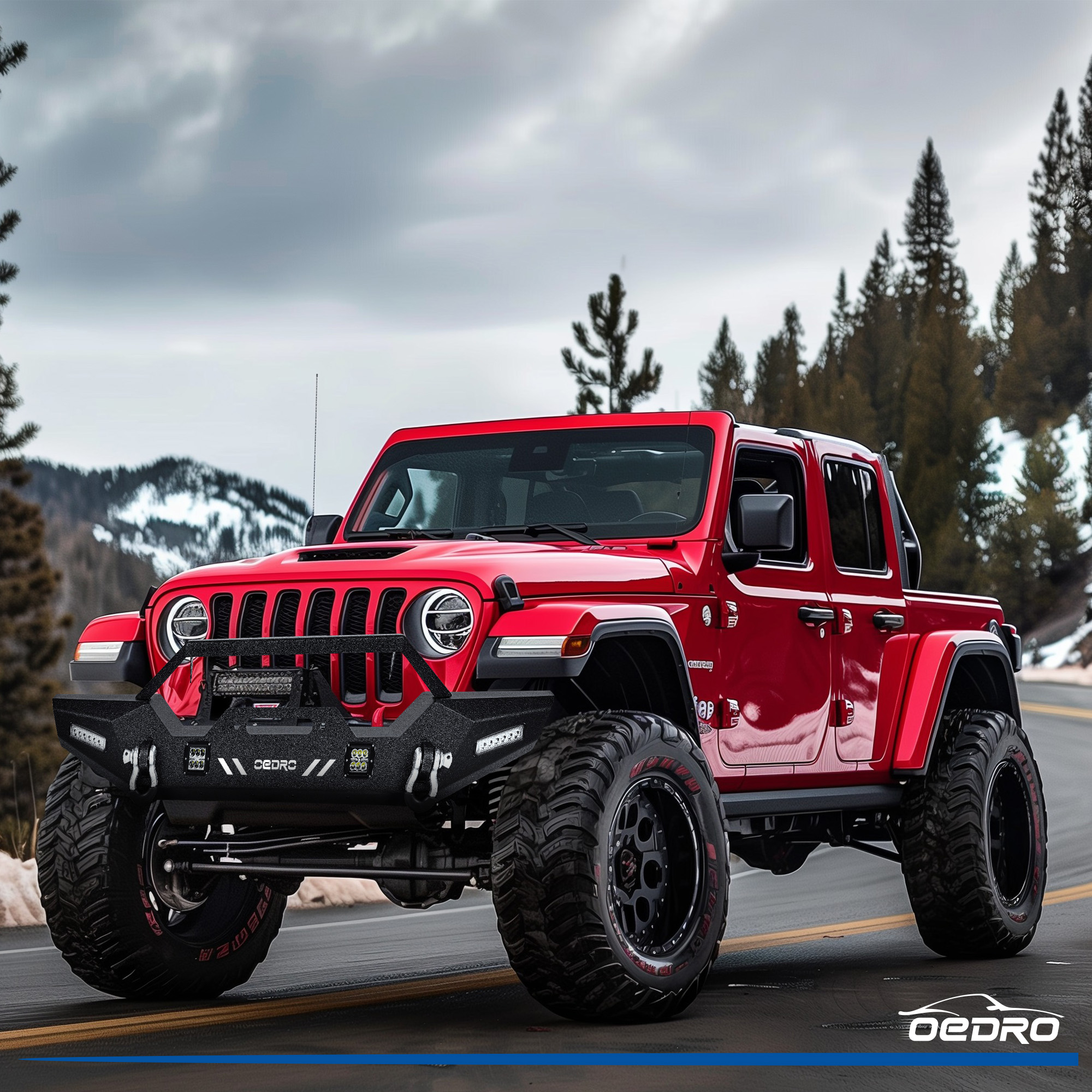 Side view of OEDRO Front Bumper for 2018-2025 Jeep Wrangler JL & Unlimited, 2020-2025 Jeep Gladiator with 4 x LED Lights & 2 x D-Rings