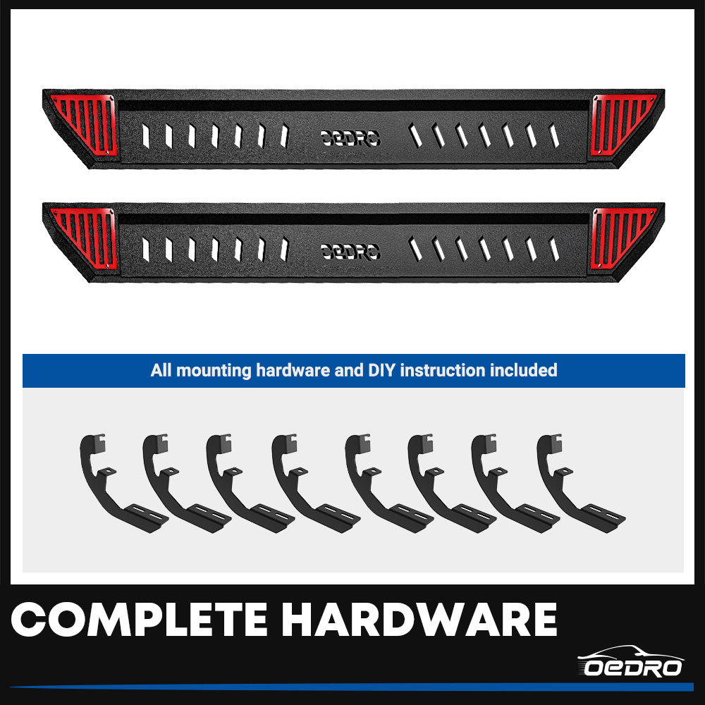 Side view of OEDRO 6.5" Running Boards Compatible with 2005-2023 Toyota Tacoma Double Cab/Crew Cab, Steel Side Steps Nerf Bars Rails, Black and Red