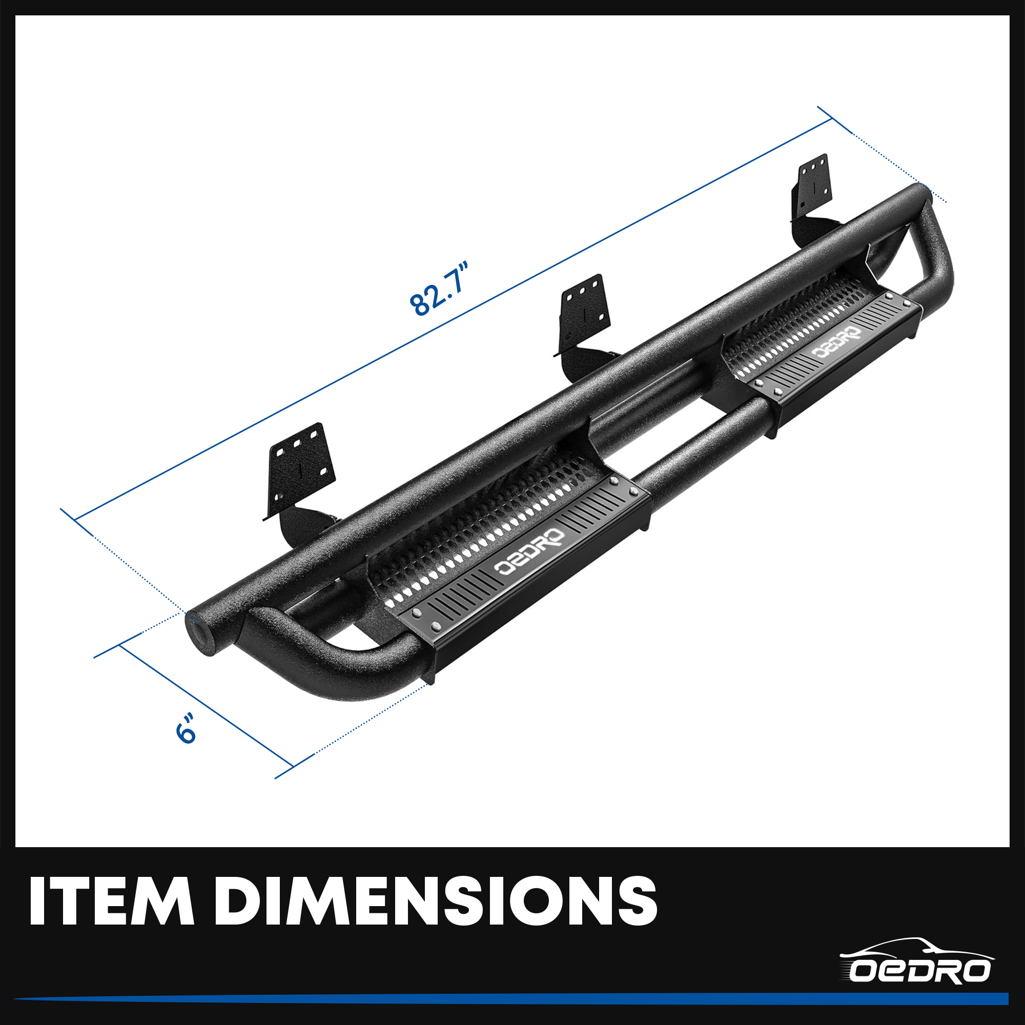 Side view of OEDRO 6 inch Running Boards for 2019-2026 Dodge  Ram 1500 New Body Crew Cab nerf bars steps Side Steps Paintable Black Step Armor, Powder Coated Black