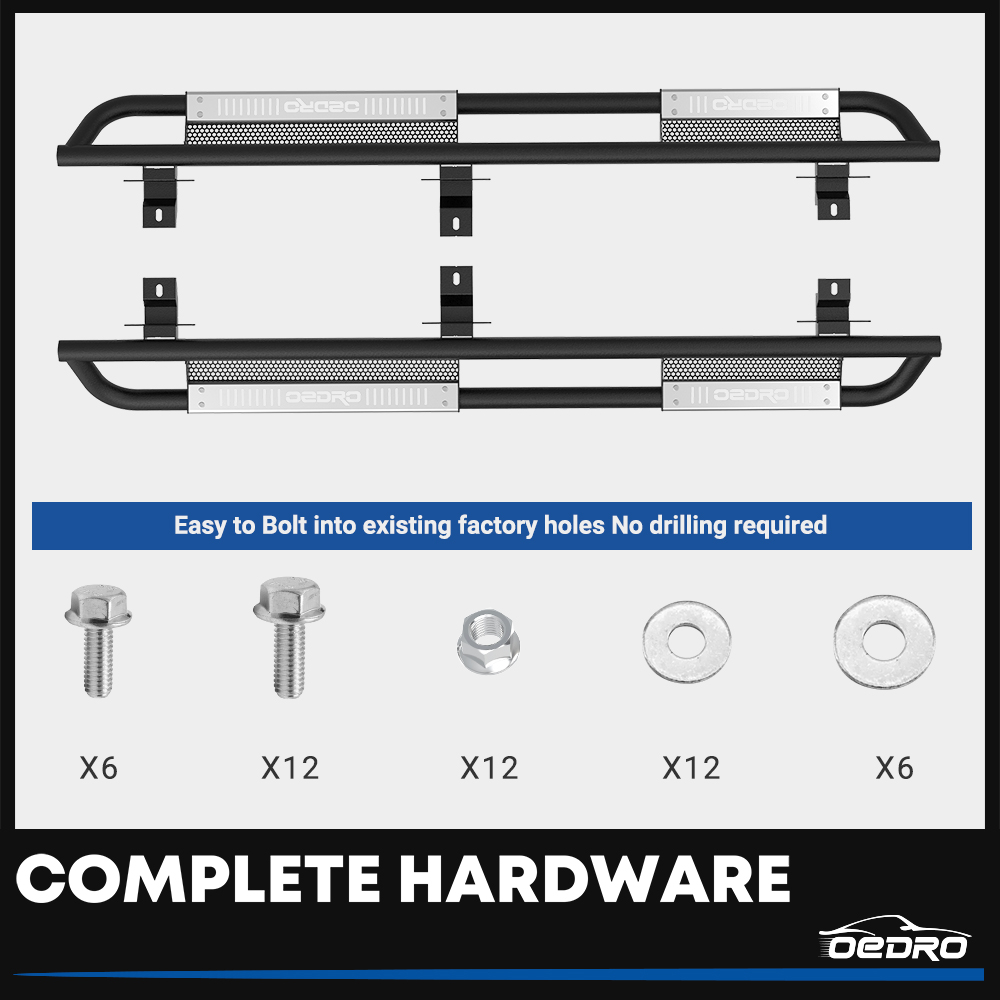 Side view of OEDRO 6" Running Boards for 2007-2018 Jeep Wrangler JK & Unlimited 4 Door, Black Silver Powder Coated Nerf Bar