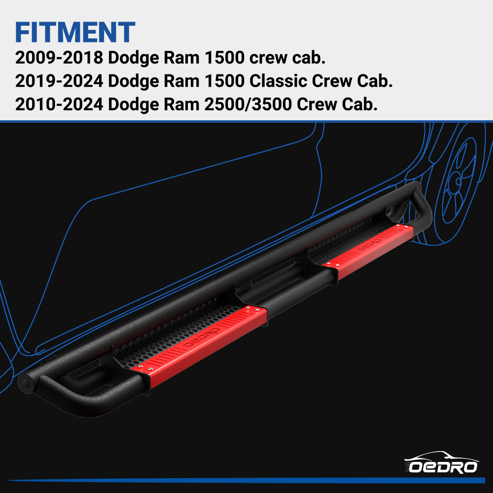 Side view of OEDRO® Running Boards for 2009-2018 Dodge Ram 1500 Crew Cab, 2019-2024 Dodge Ram 1500 Classic, 2010-2024 Dodge Ram 2500/3500