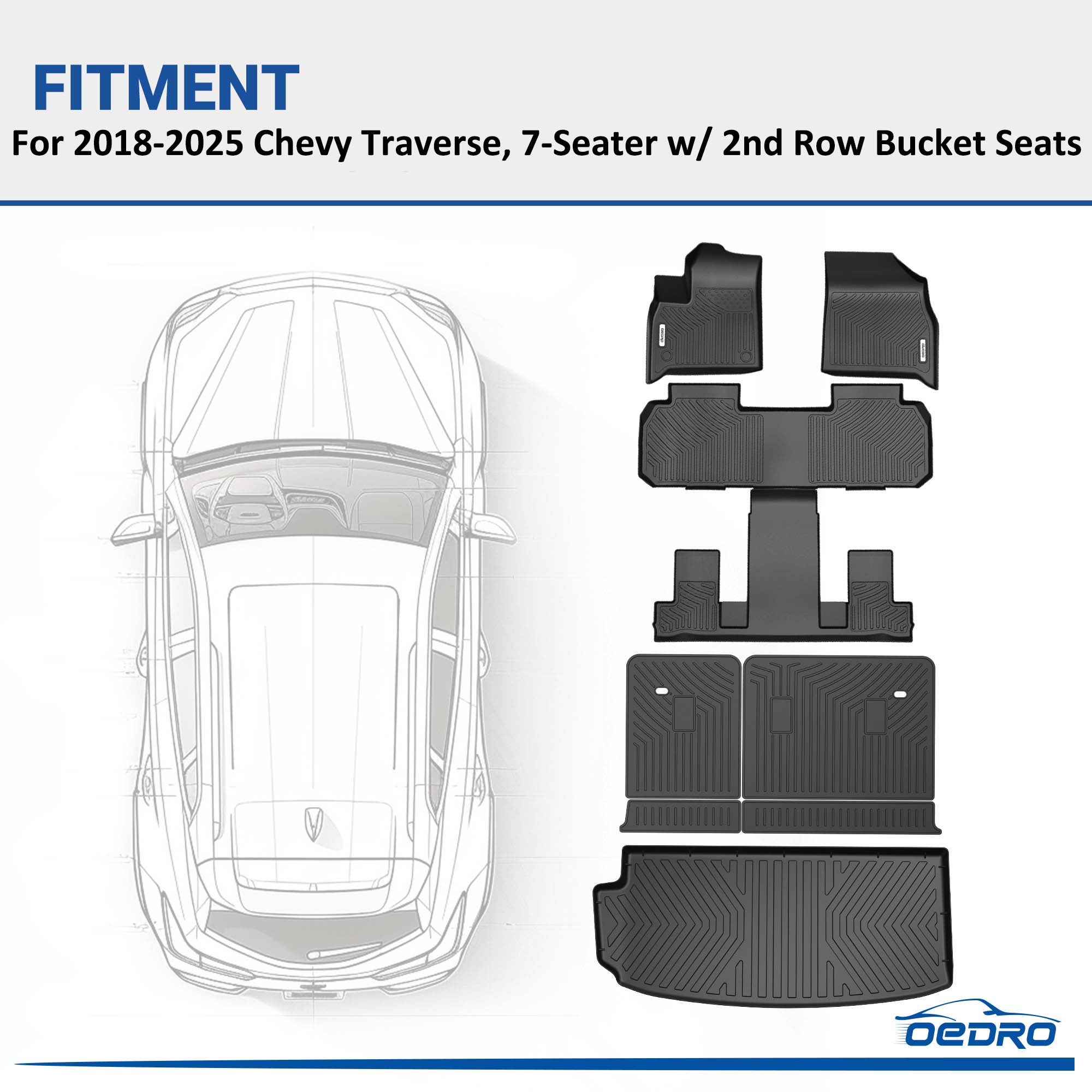Side view of OEDRO Floor Mats & Cargo Liner Fits for 2018-2025 Chevy Traverse, Custom-Fit TPE All-Weather Protection for 7-Seater with 2nd Row Bucket Seats