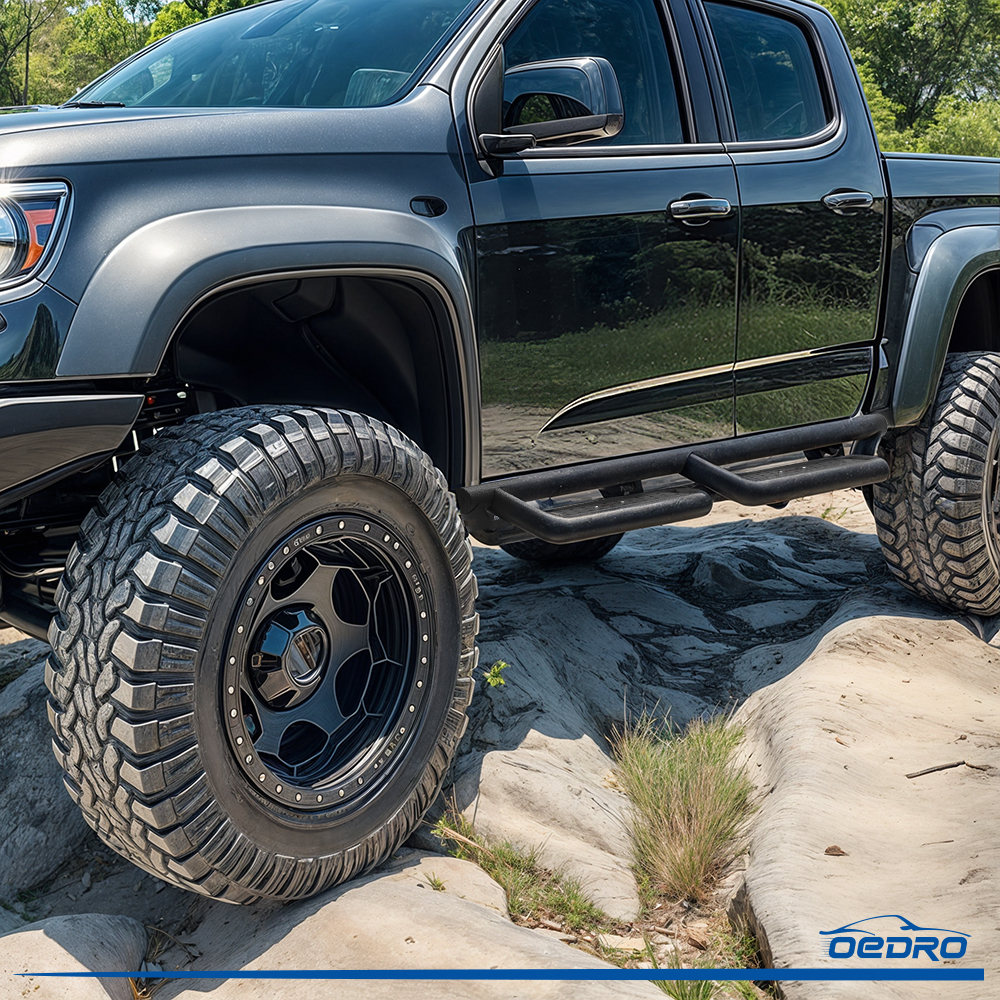 Side view of OEDRO® Running Boards for 2022-2026 Toyota Tundra Crewmax Cab, Bolt-on Drop Side Step, Black Powder Coated All-Steel Nerf Bar