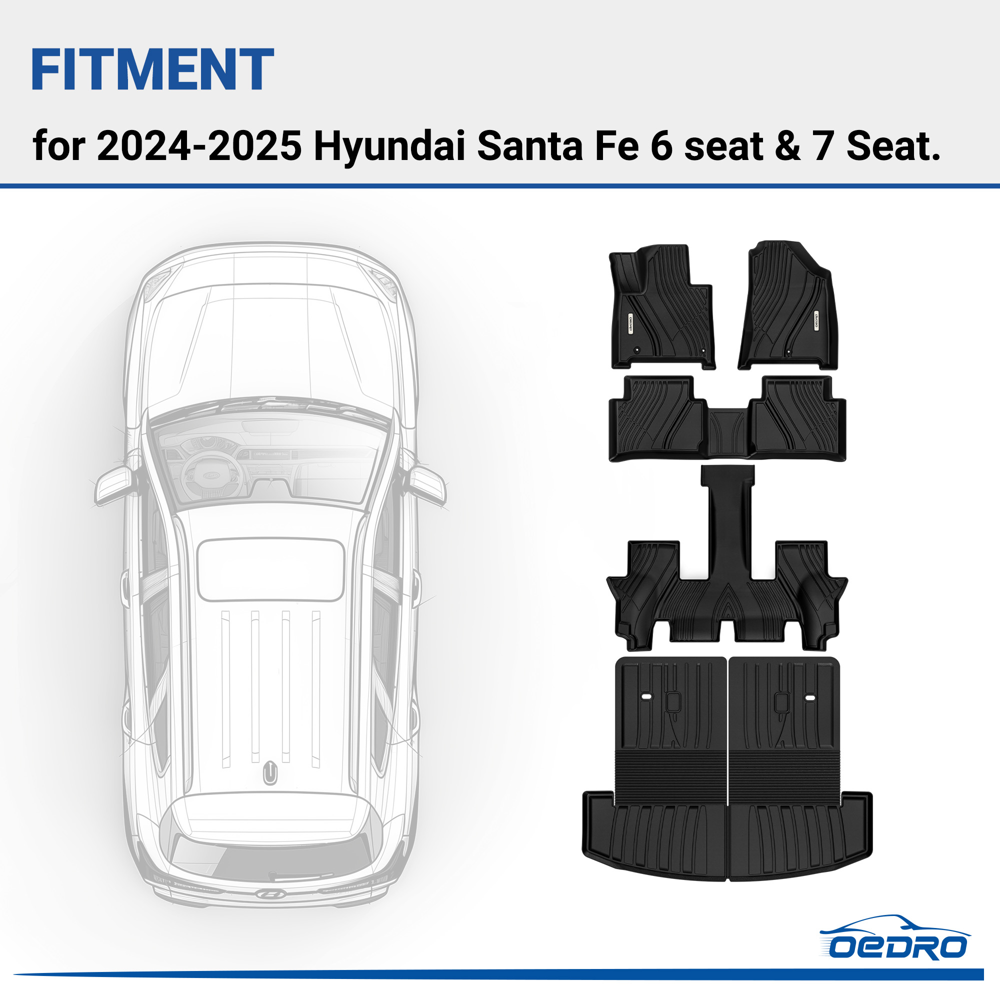 Side view of Floor Mats & Trunk Mat with Backrest for 2024 2025 Hyundai Santa Fe (Not Hybrid) 6 Seat & 7 Seat, TPE All-Weather Guard Front and Rear Row Full Set Li