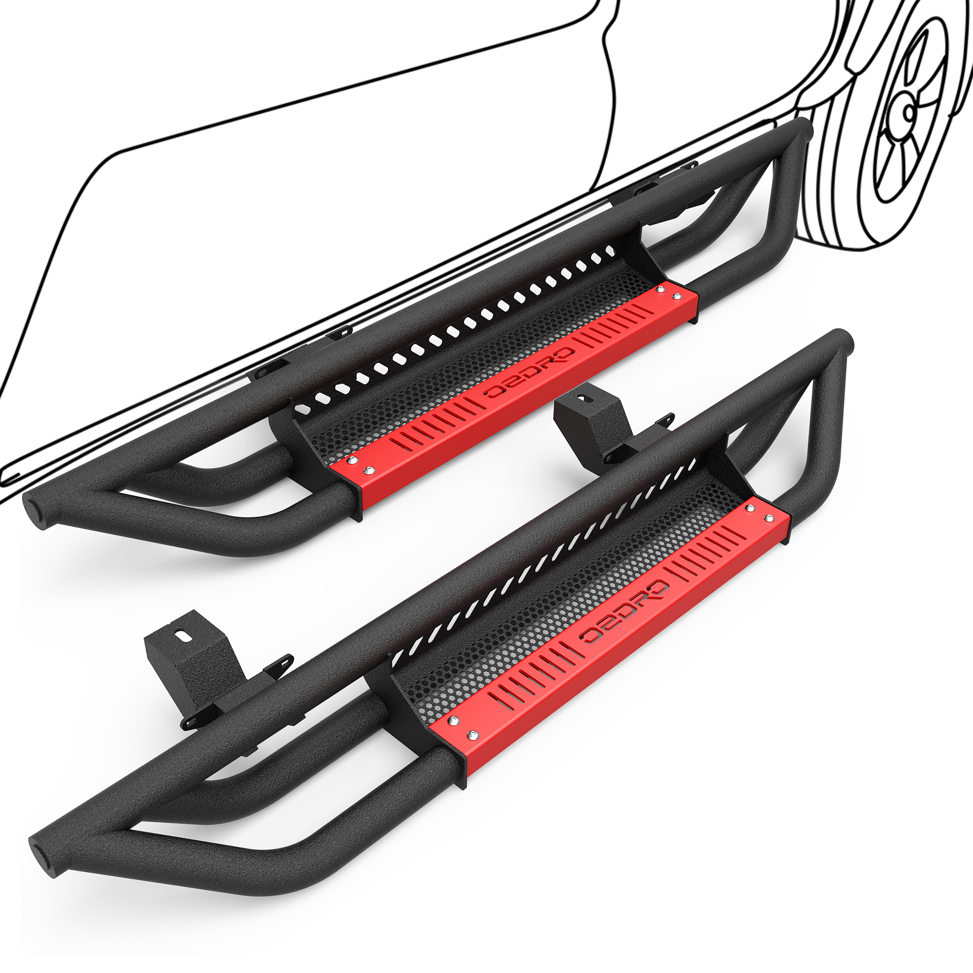 Side view of OEDRO 6 inch Running Boards, Drop Side Steps Compatible with 2018-2026 Jeep Wrangler JL 2 Door, All Steel Nerf Bar Paintable Step Plates