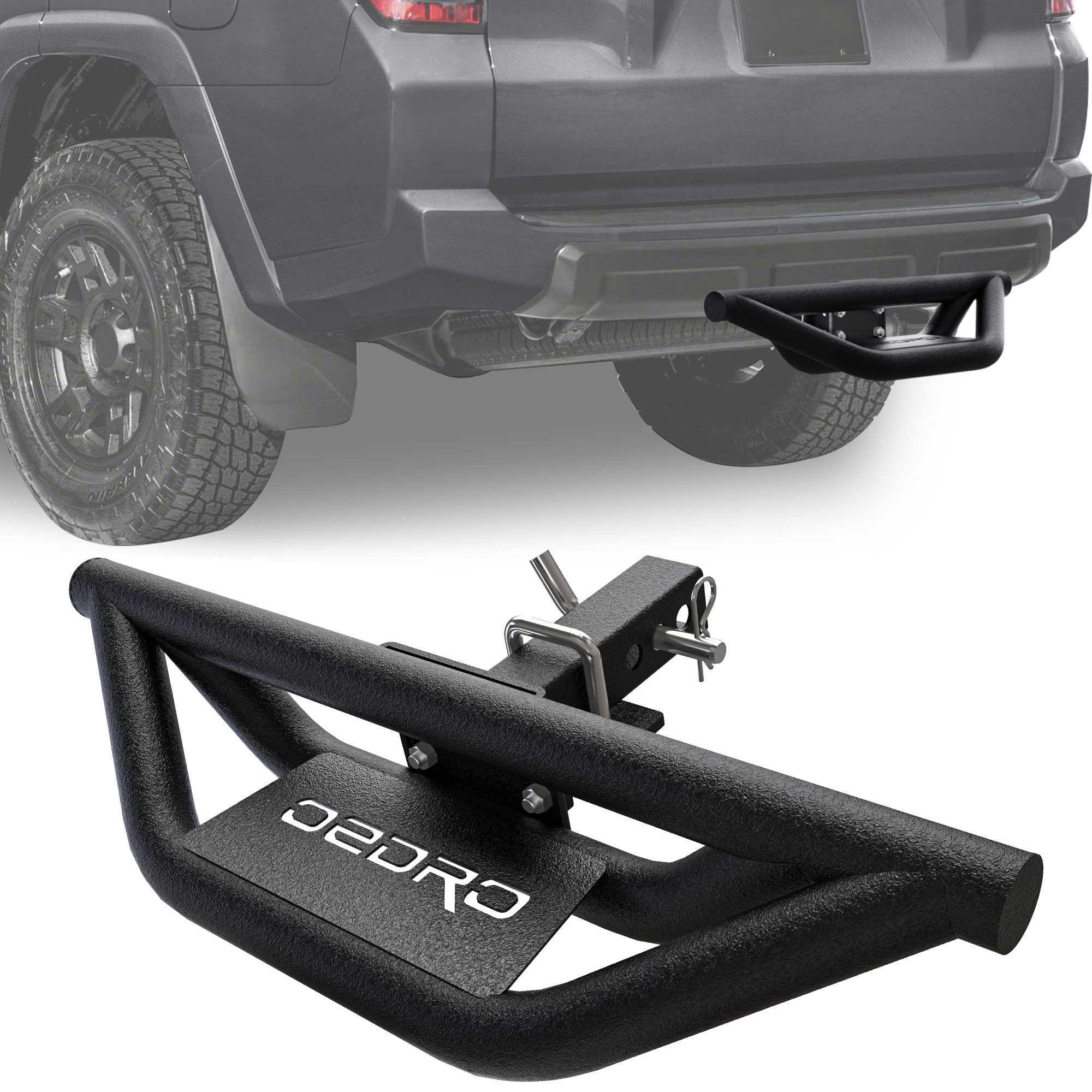 Side view of 2" Hitch Tow Step Replacement for Truck Vehicles with 2" Hitch Receiver Rear Bumper Guard Protector Upgraded Textured Black Hitch Step Bar