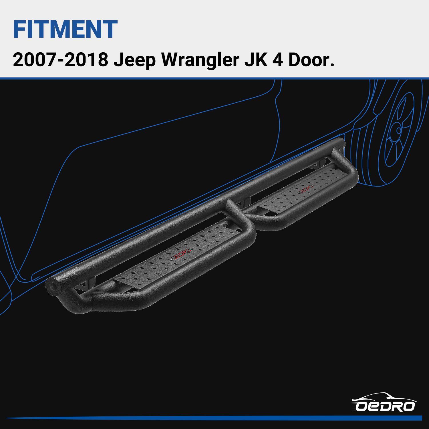 Side view of OEDRO 6" Running Boards for 2007-2018 Jeep Wrangler JK 4 Door, Bolt-on Black Powder Coated Side Steps