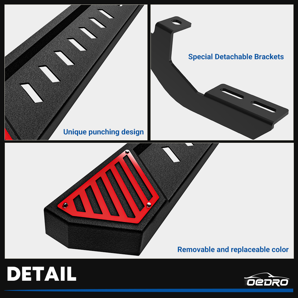 Side view of OEDRO 6.5" Running Boards Compatible with 2005-2023 Toyota Tacoma Double Cab/Crew Cab, Steel Side Steps Nerf Bars Rails, Black and Red