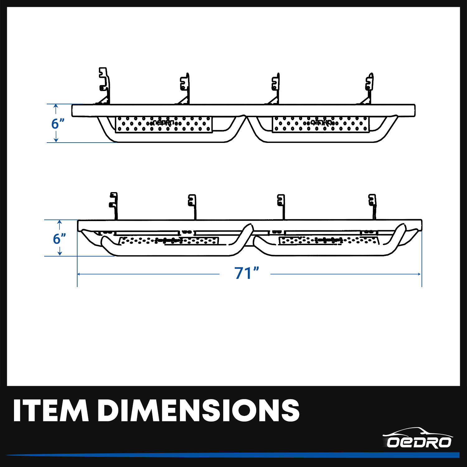 Side view of OEDRO 6" Running Boards for 2007-2018 Jeep Wrangler JK 4 Door, Bolt-on Black Powder Coated Side Steps