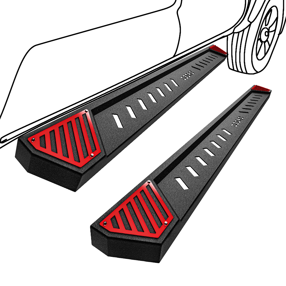 Side view of OEDRO 6.5" Running Boards Compatible with 2005-2023 Toyota Tacoma Double Cab/Crew Cab, Steel Side Steps Nerf Bars Rails, Black and Red