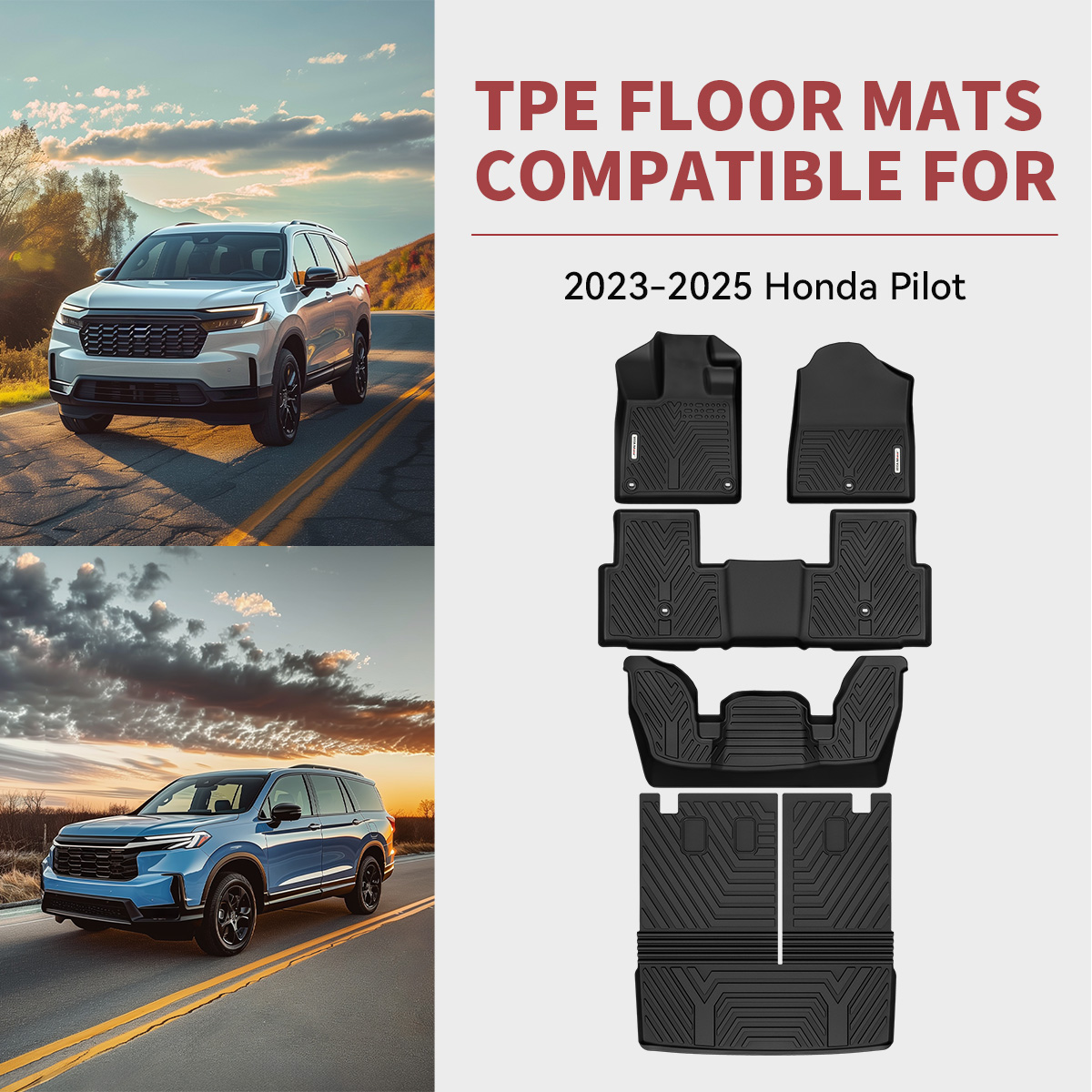 Oedro All-Weather 3-Row Floor Mats + Cargo Liner + Backrest Mat For 2023-2025 Honda Pilot – TPE Rubber, Black, 5-Piece Set
