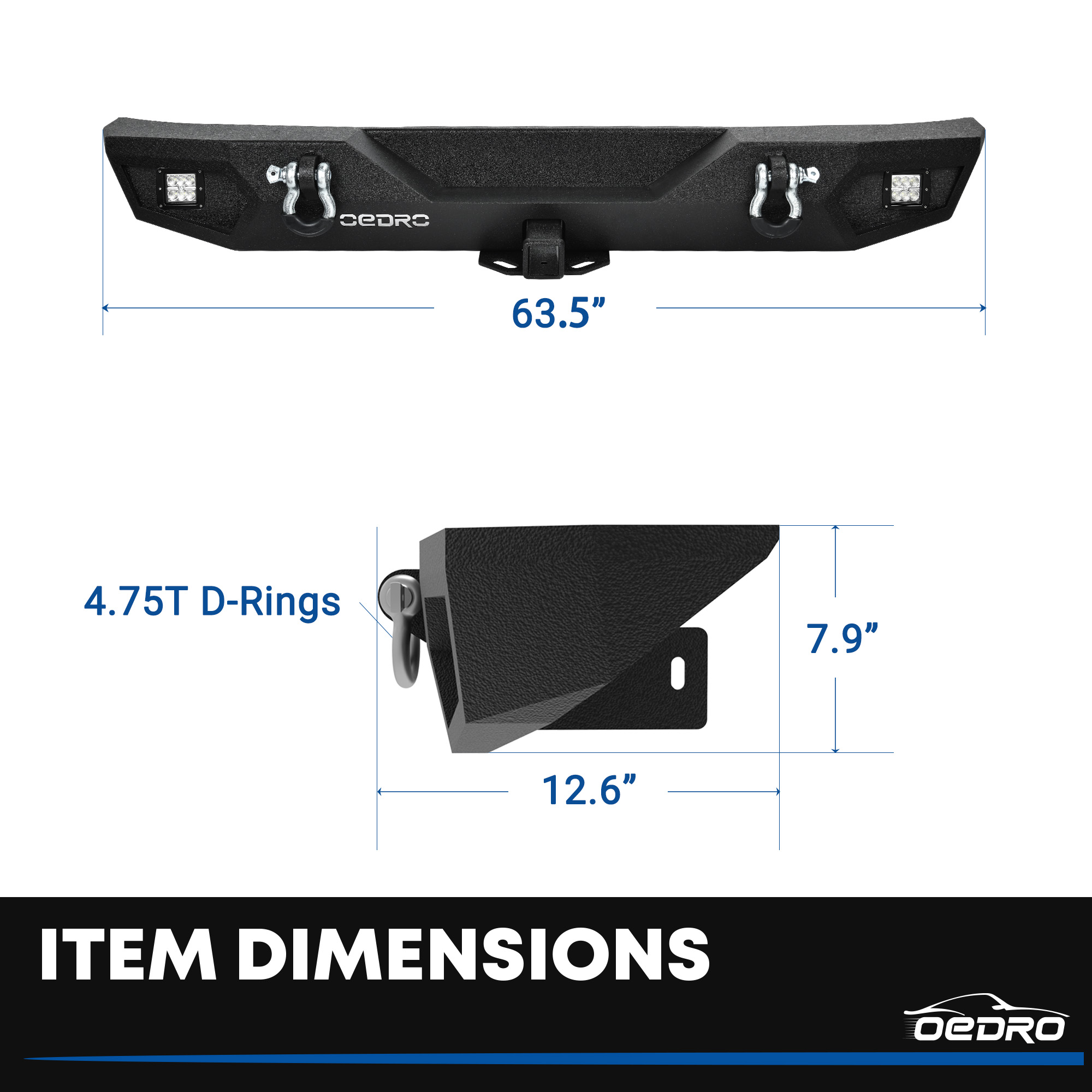 Side view of OEDRO Rear Bumper for 2007-2018 Jeep Wrangler JK Unlimited, Rock Crawler Bumper with Hitch Receiver & 2X LED Lights Off Road Textured Black