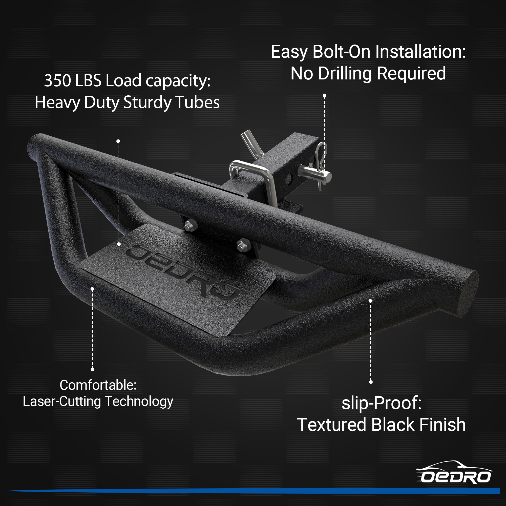 Side view of 2" Hitch Tow Step Replacement for Truck Vehicles with 2" Hitch Receiver Rear Bumper Guard Protector Upgraded Textured Black Hitch Step Bar