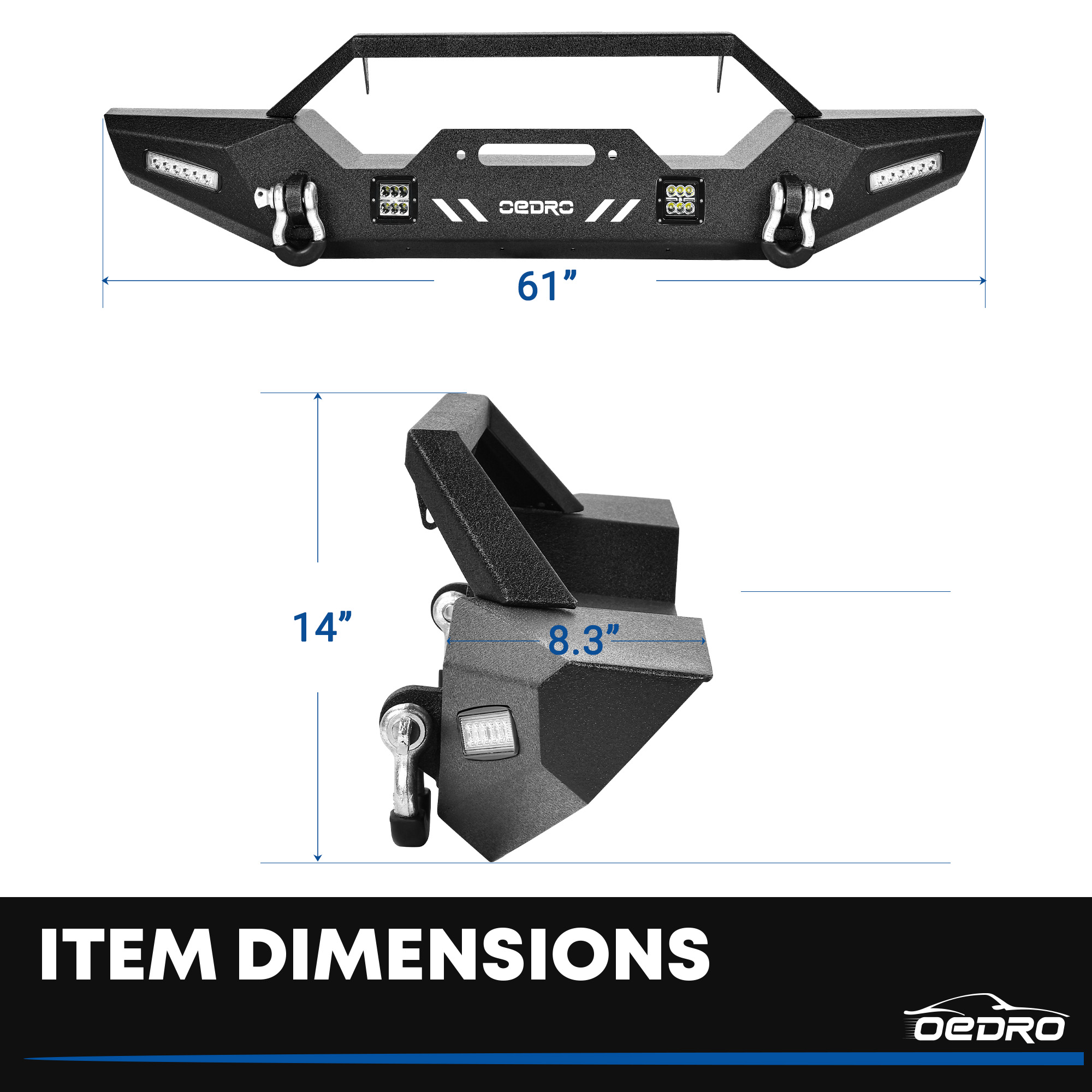 Side view of OEDRO Front Bumper for 2018-2025 Jeep Wrangler JL & Unlimited, 2020-2025 Jeep Gladiator with 4 x LED Lights & 2 x D-Rings