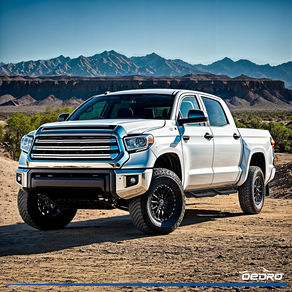 Side view of OEDRO® Running Boards for 2022-2026 Toyota Tundra Crewmax Cab, Bolt-on Drop Side Step, Black Powder Coated All-Steel Nerf Bar