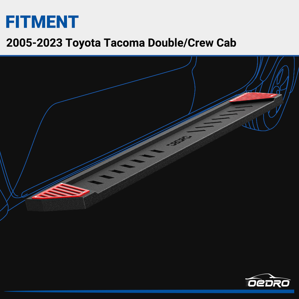 Side view of OEDRO 6.5" Running Boards Compatible with 2005-2023 Toyota Tacoma Double Cab/Crew Cab, Steel Side Steps Nerf Bars Rails, Black and Red