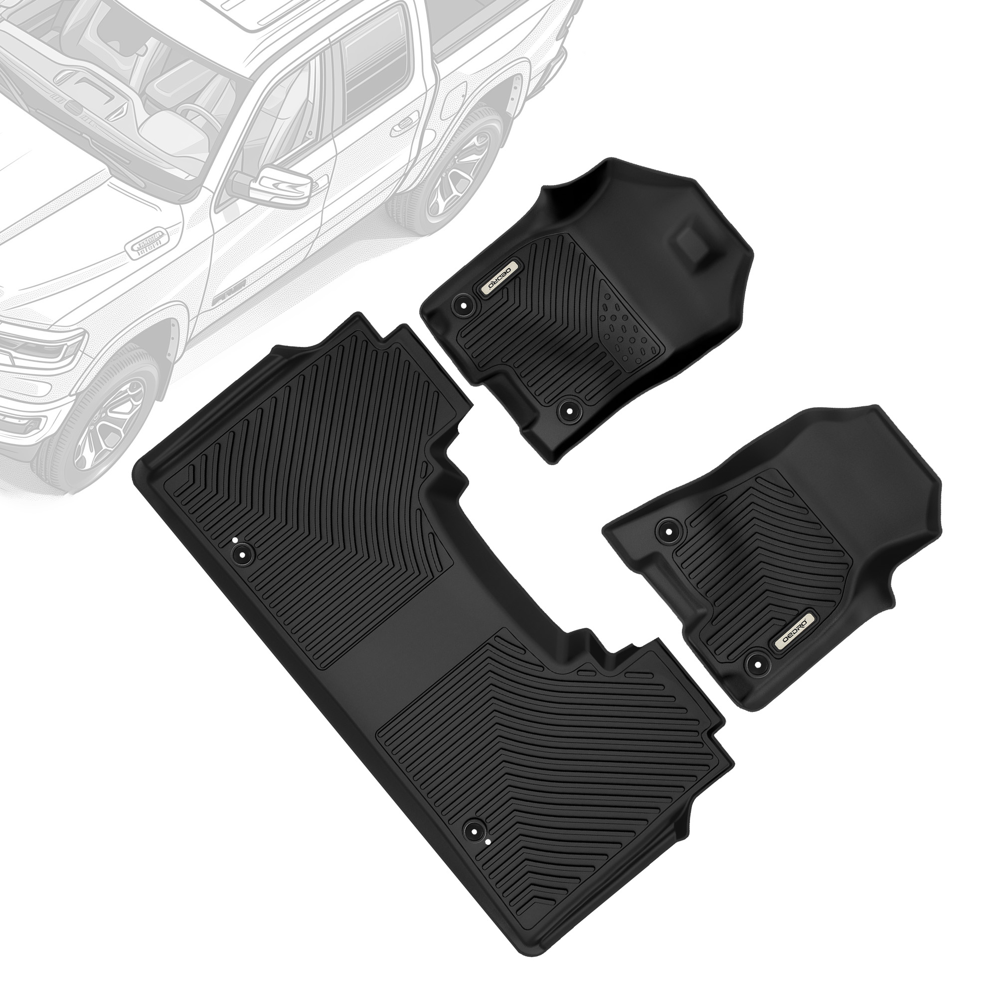 Side view of OEDRO Floor Mats for 2019-2024 Dodge Ram 1500 New Body Crew Cab (NOT for Classic Models), Front Row Bucket Seats, with Under Seat Storage Box