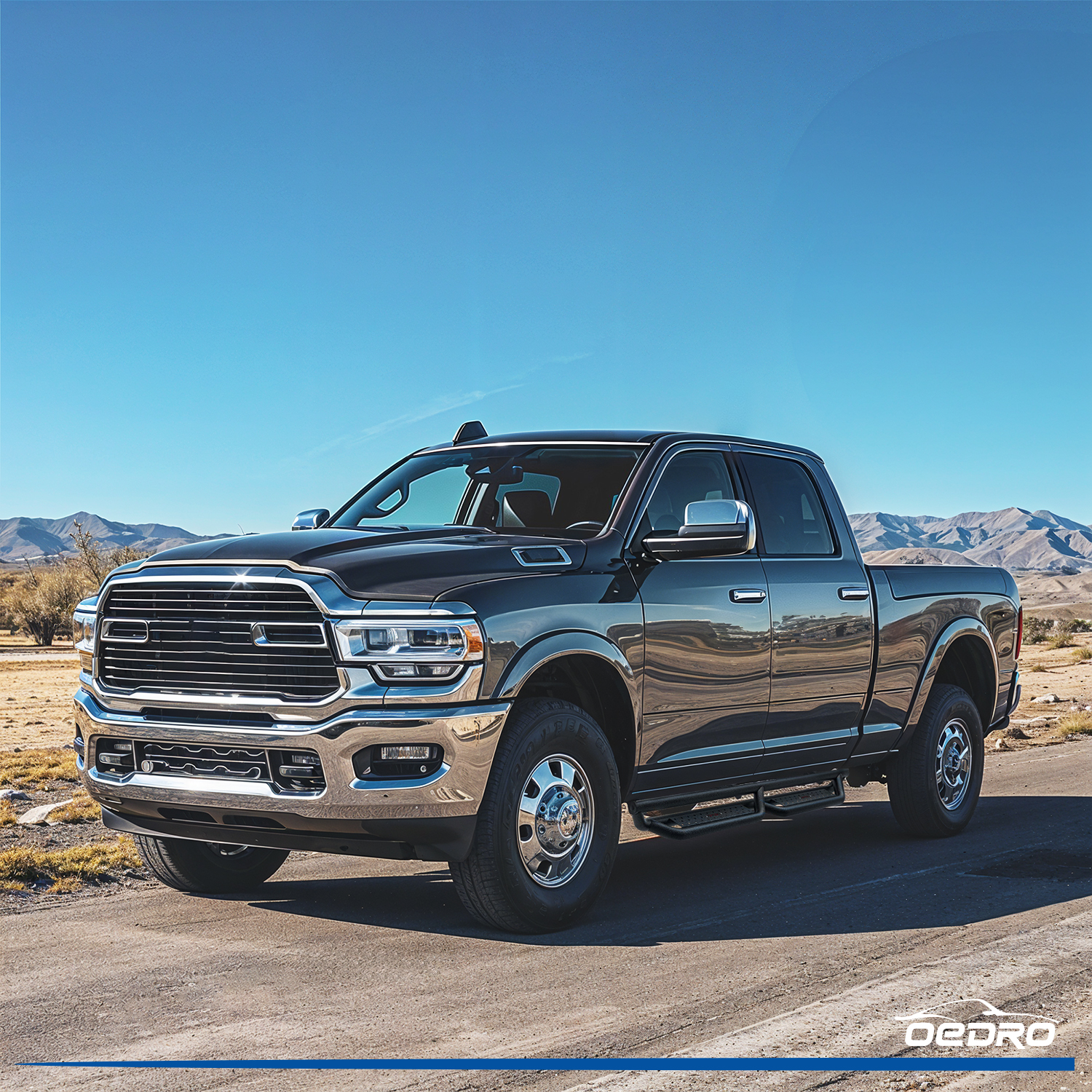 Side view of OEDRO Running Boards for 2009-2018 Dodge Ram 1500, 2019-2023 1500 Classic, 2010-2022 2500/3500 Crew Cab