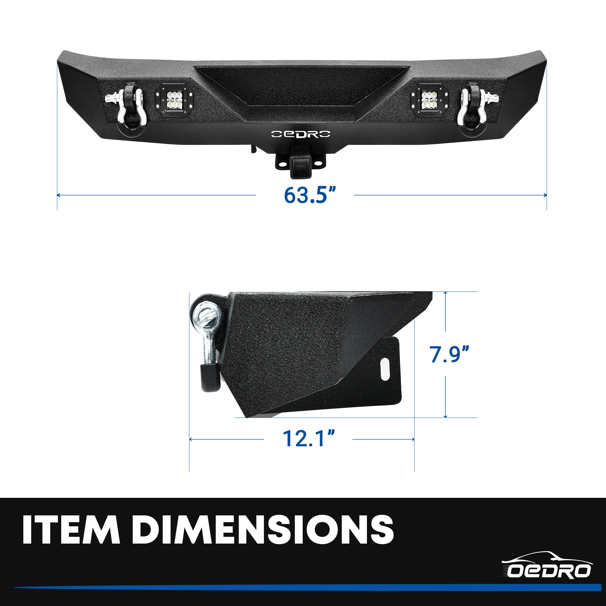Side view of OEDRO Rear Bumper for 2007-2018 Jeep Wrangler JK & Unlimited with 2" Hitch Receiver & 2 D-ring & 2x Square LED Lights