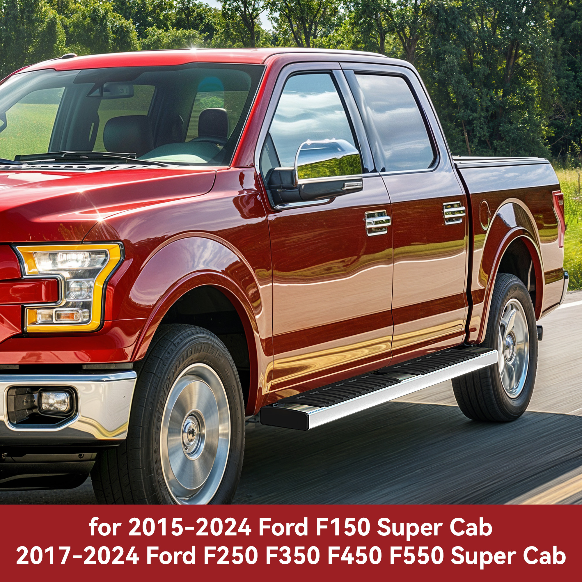 Side view of 6.5 inches Running Boards Compatible with 2015-2026 Ford F150 SuperCab, 2017-2026 Ford F250 F350 F450 F550 Super Cab Side Step Nerf Bar