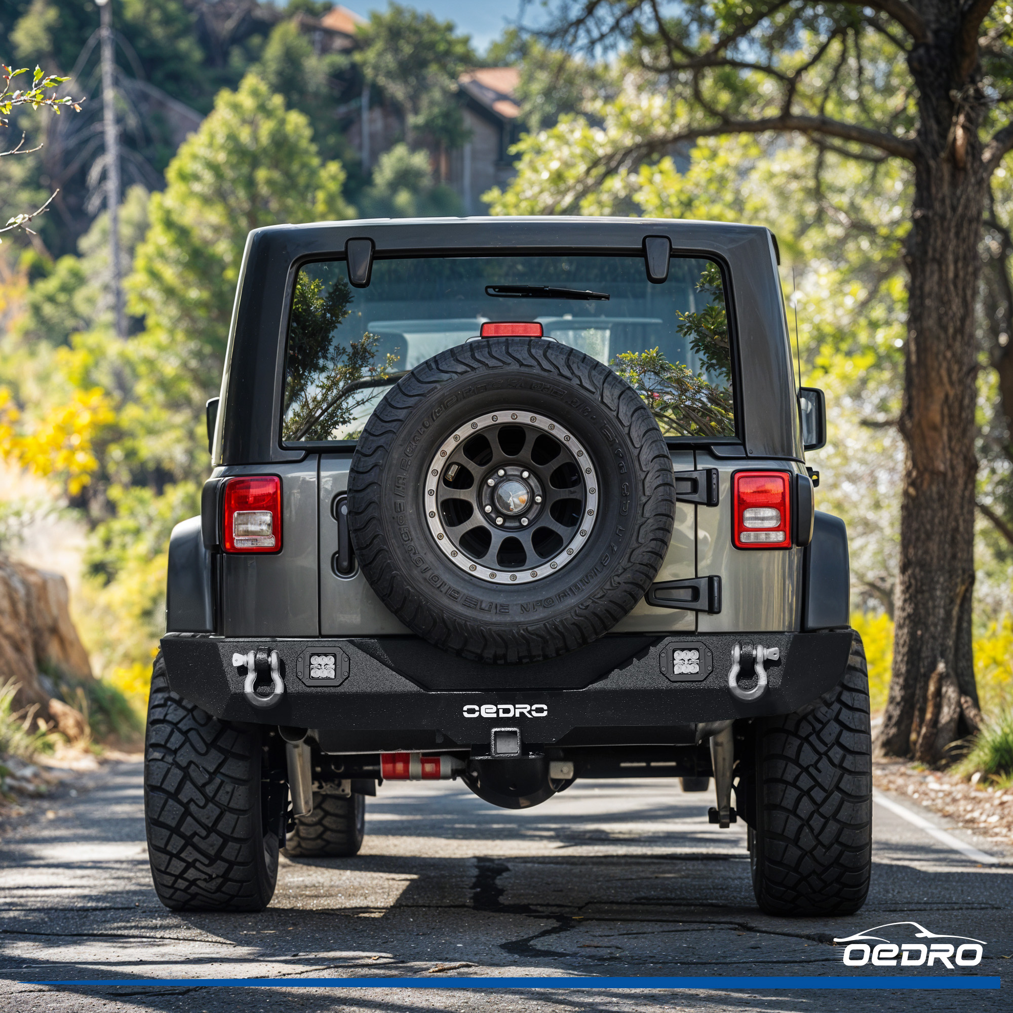 Side view of OEDRO Rear Bumper for 2007-2018 Jeep Wrangler JK & Unlimited with 2" Hitch Receiver & 2 D-ring & 2x Square LED Lights