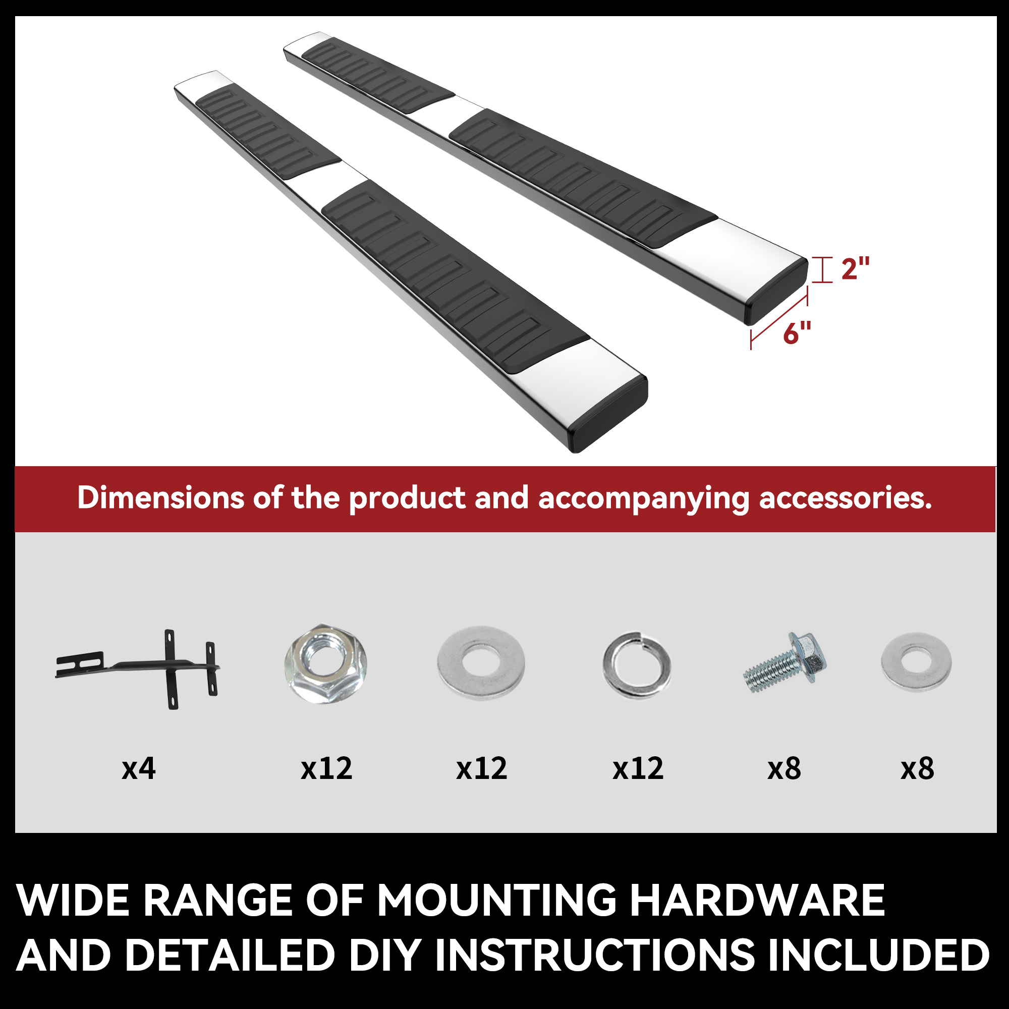 Side view of 6.5 inches Running Boards Compatible with 2015-2026 Ford F150 SuperCab, 2017-2026 Ford F250 F350 F450 F550 Super Cab Side Step Nerf Bar