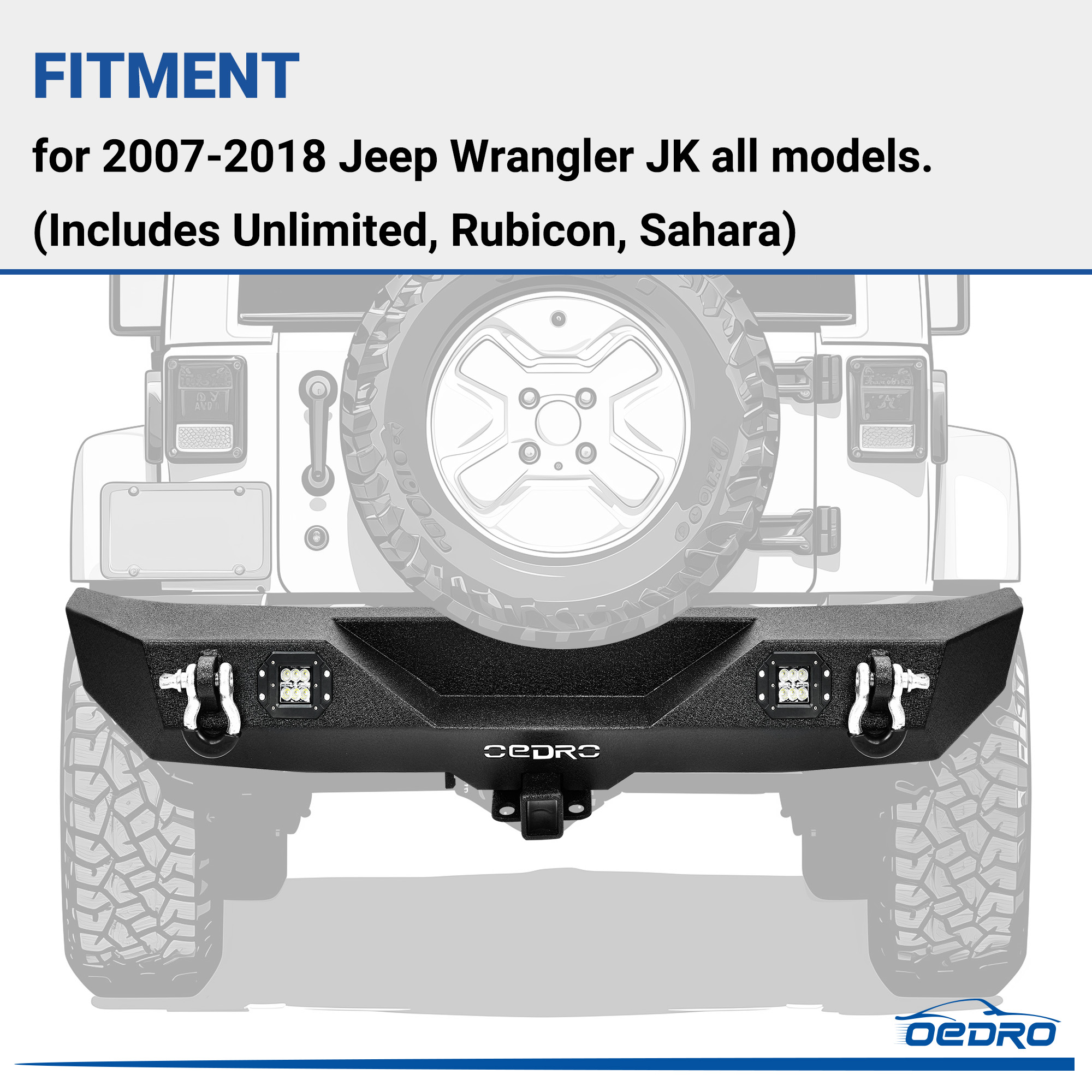 Side view of OEDRO Rear Bumper for 2007-2018 Jeep Wrangler JK & Unlimited with 2" Hitch Receiver & 2 D-ring & 2x Square LED Lights