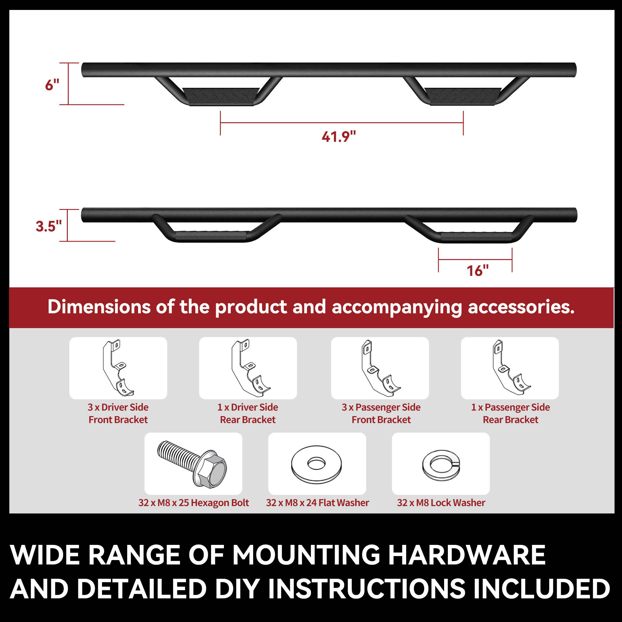 Side view of Running Boards for 2019-2026 Chevy Silverado/GMC Sierra 1500 Crew Cab, 2020-2026 2500HD 3500HD Crew Cab Side Steps Nerf Bars Rails(Excl. 2019 1500 LD)