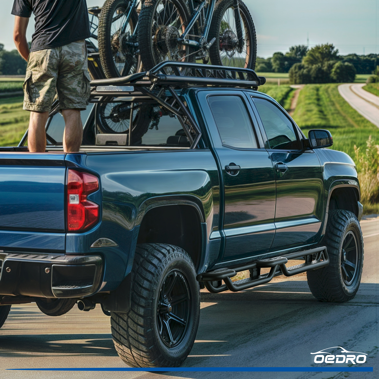 Side view of OEDRO Running Boards for 2019-2026 Chevy Silverado/GMC Sierra 1500 Crew Cab & 2020-2026 2500HD/3500HD (Excl. 2019 1500 LD/Limited)