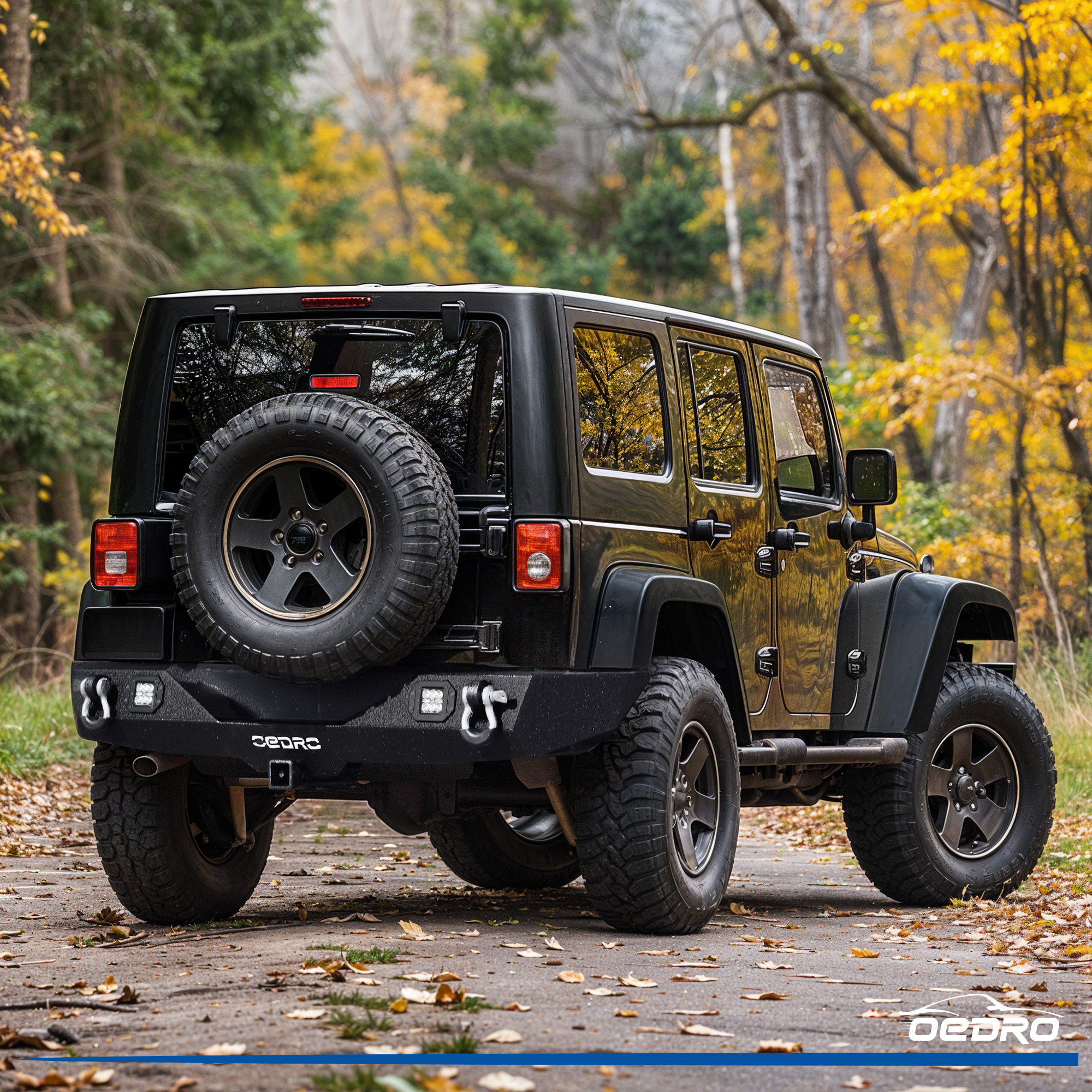 Side view of OEDRO Rear Bumper for 2007-2018 Jeep Wrangler JK & Unlimited with 2" Hitch Receiver & 2 D-ring & 2x Square LED Lights