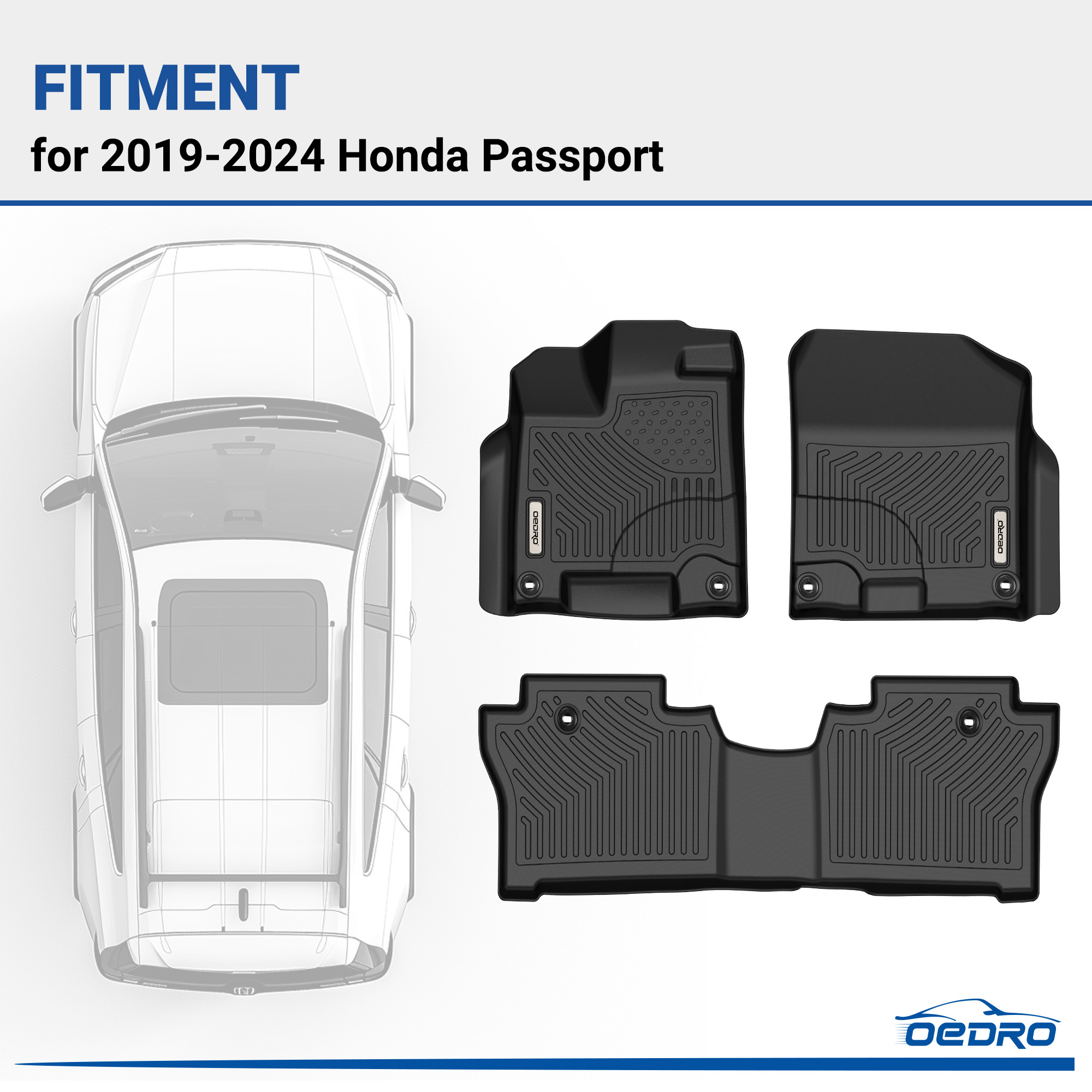 Side view of OEDRO Floor Mats for 2019-2025 Honda Passport, Black TPE All-Weather Guard Custom Fit Liner Set