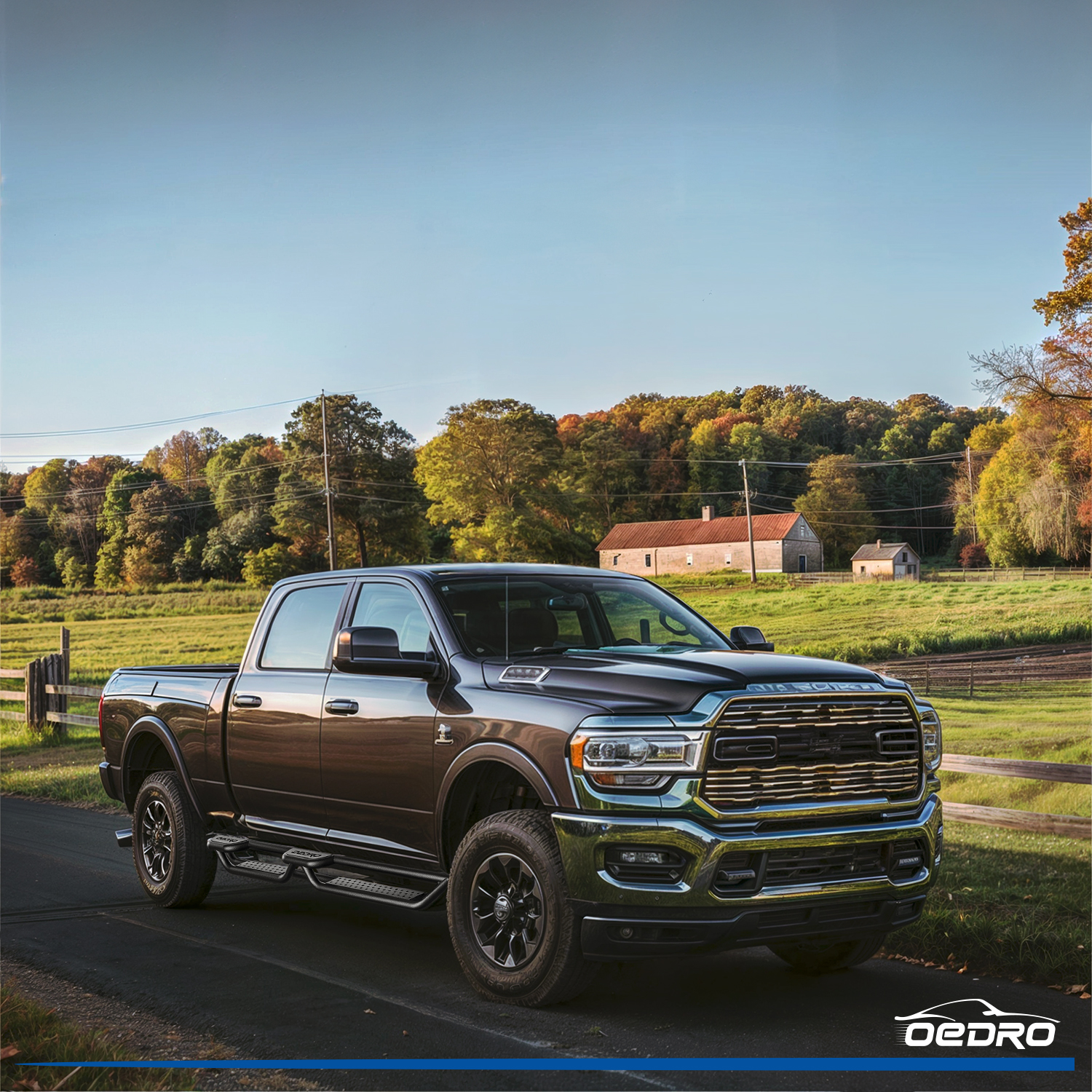 Side view of OEDRO Running Boards for 2009-2018 Dodge Ram 1500 Crew Cab, 2019-2024 Dodge Ram 1500 Classic Crew Cab, 2010-2026  Dodge Ram 2500/3500 Side Steps Nerf