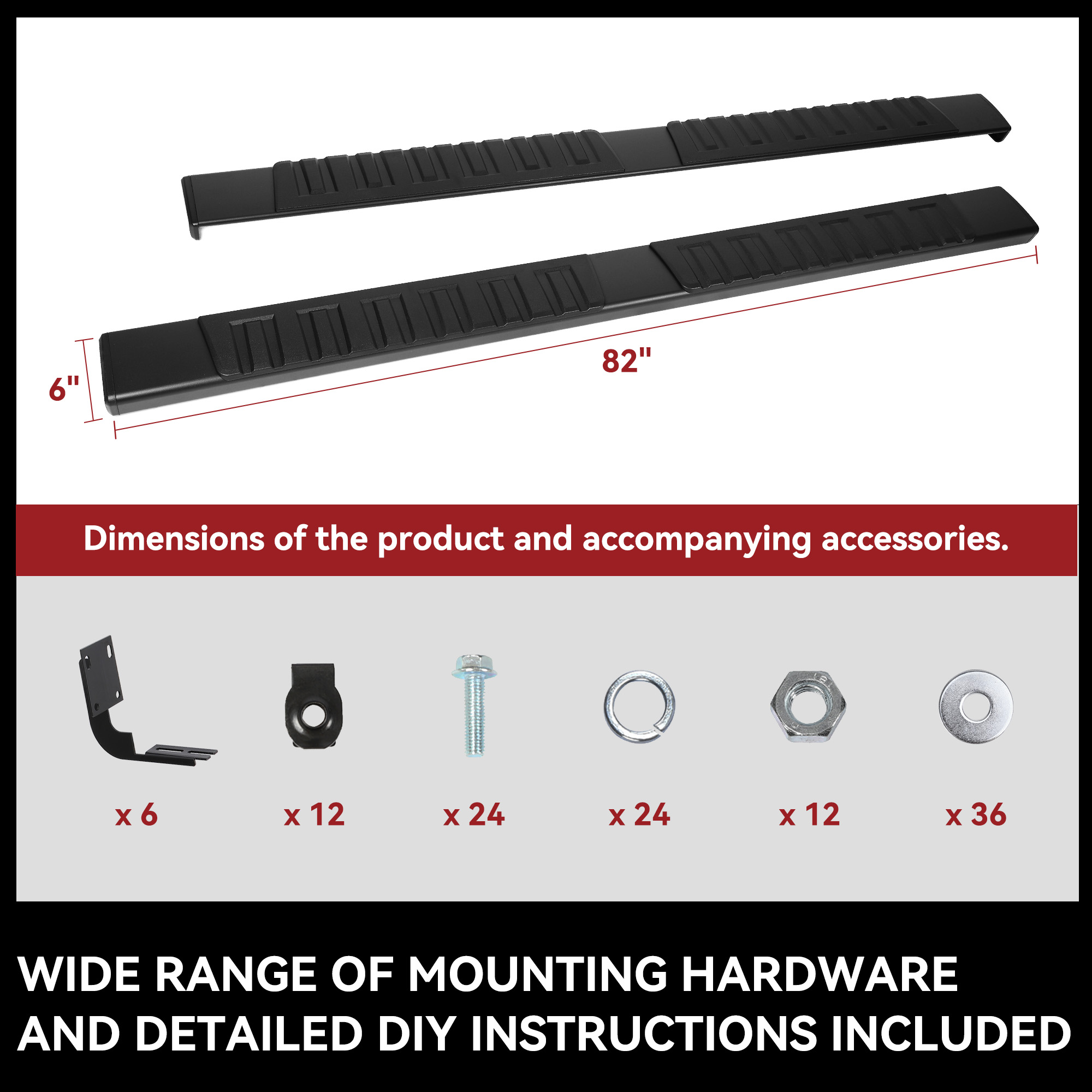 Side view of 6 Inches Running Boards Compatible with 1999-2016 Ford F-250 F-350 Crew Cab, Aluminum Black Side Steps Nerf Bars