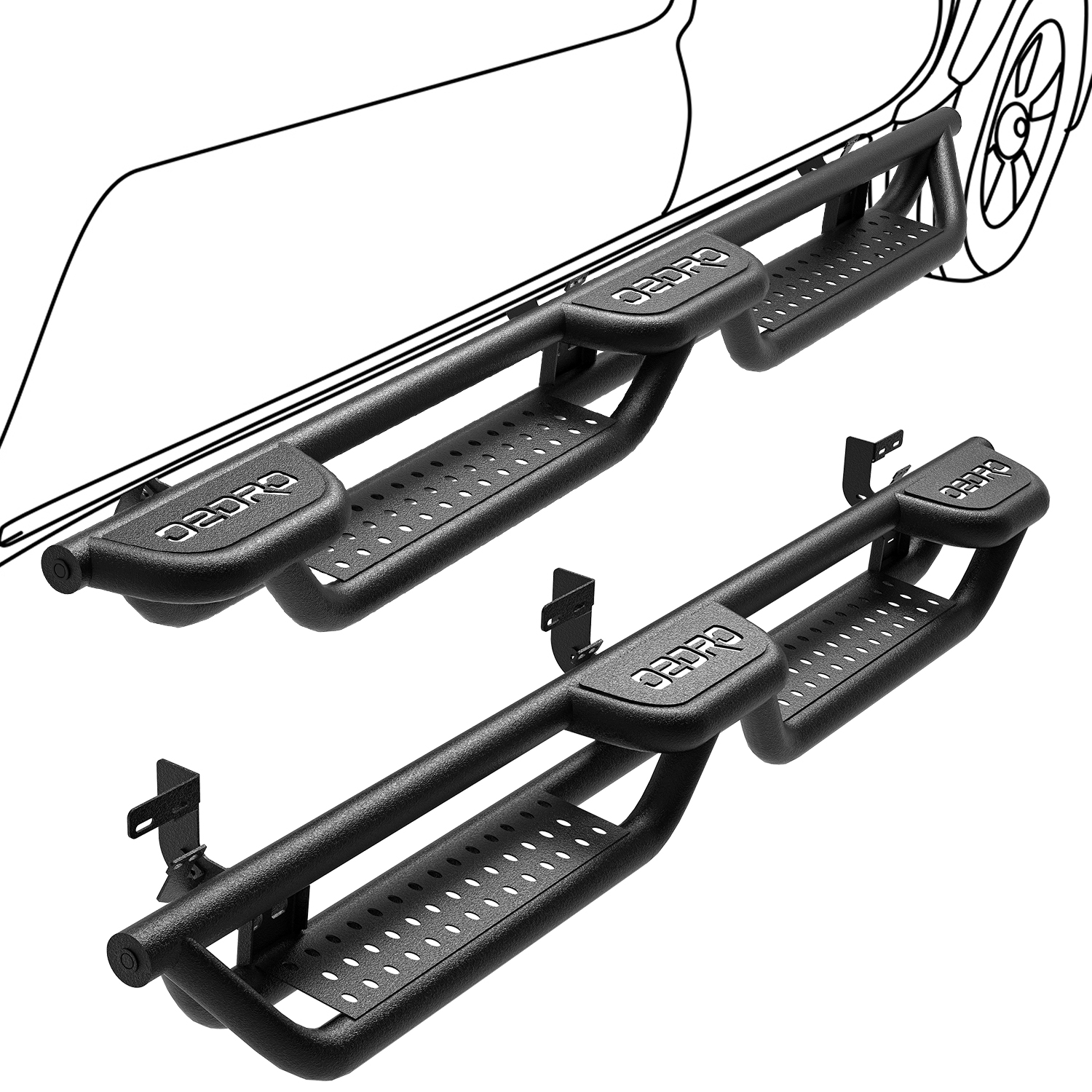 Side view of OEDRO Running Boards for 2009-2018 Dodge Ram 1500 Crew Cab, 2019-2024 Dodge Ram 1500 Classic Crew Cab, 2010-2026  Dodge Ram 2500/3500 Side Steps Nerf