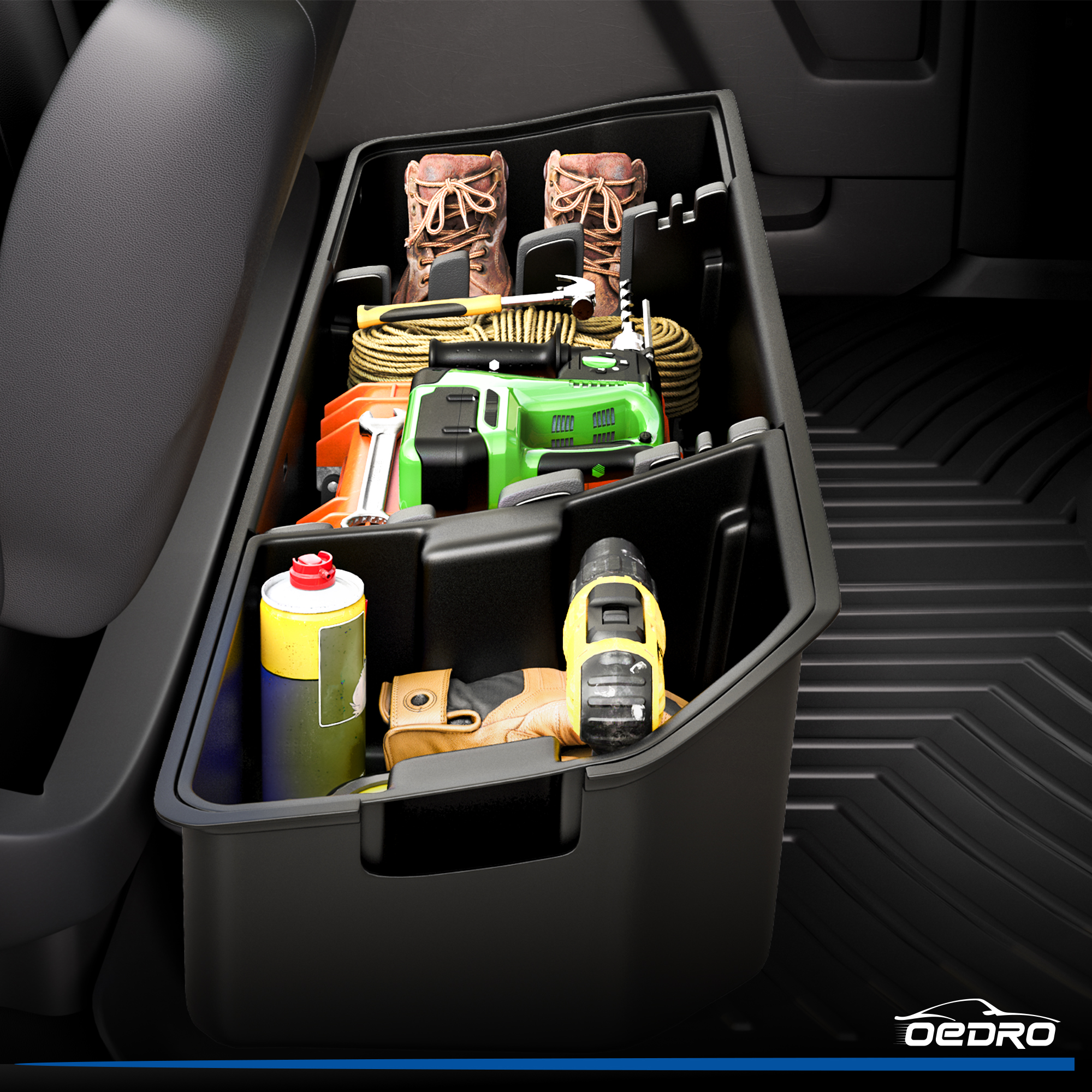 Side view of OEDRO Upgraded Under Seat Storage Box for 2015-2026 Ford F150 Super Crew Cab, 2 in 1 Design Black Organizers