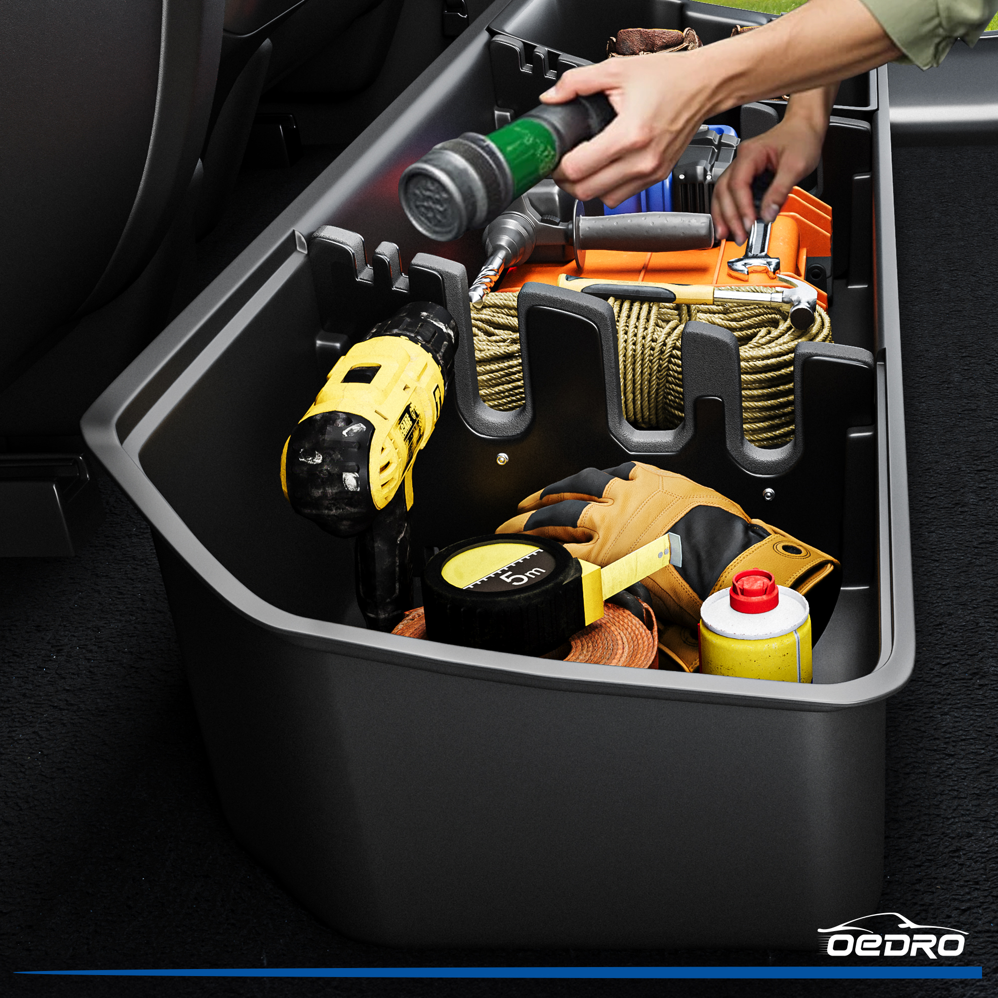 Side view of OEDRO Upgraded Under Seat Storage Box for 2015-2026 Ford F150 Super Crew Cab, 2 in 1 Design Black Organizers