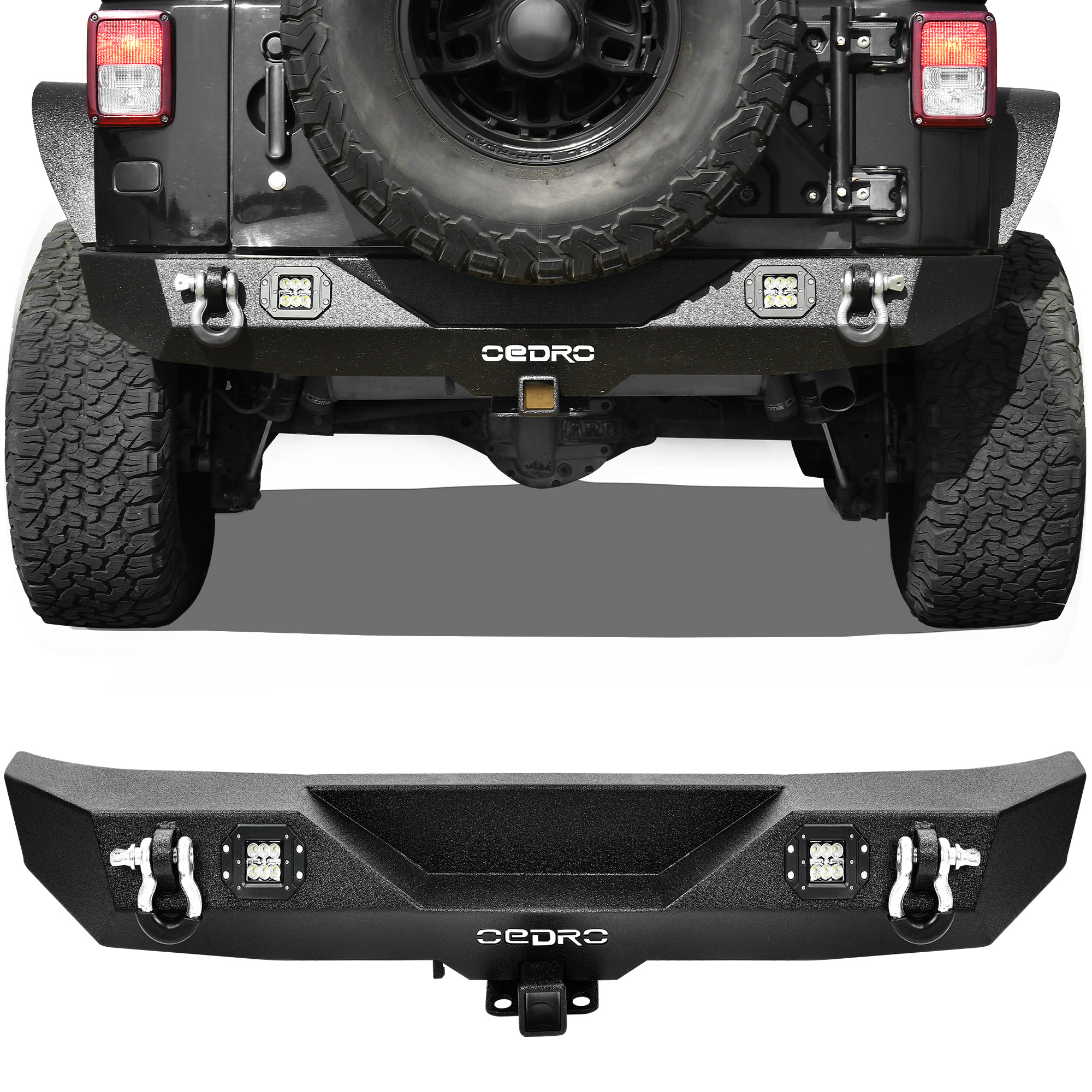 Side view of OEDRO Rear Bumper for 2007-2018 Jeep Wrangler JK & Unlimited with 2" Hitch Receiver & 2 D-ring & 2x Square LED Lights