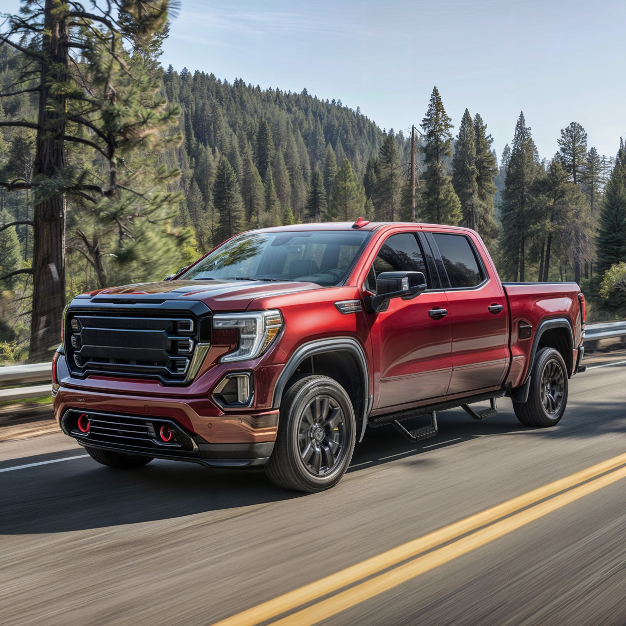 Side view of Running Boards for 2019-2026 Chevy Silverado/GMC Sierra 1500 Crew Cab, 2020-2026 2500HD 3500HD Crew Cab Side Steps Nerf Bars Rails(Excl. 2019 1500 LD)