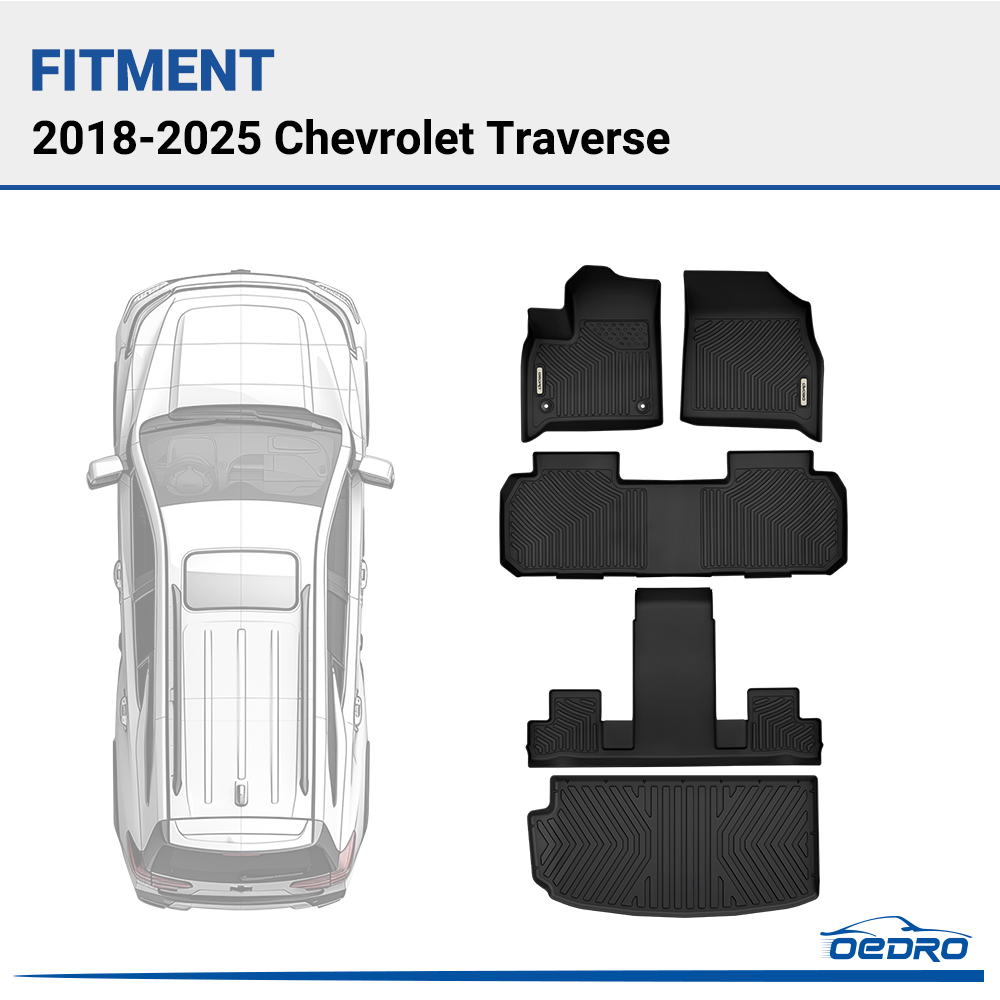 Side view of OEDRO Floor Mats Carpet Liners All-Weather for 2018-2025 Chevrolet Traverse 7 Seats with 2nd Row Bucket Seats